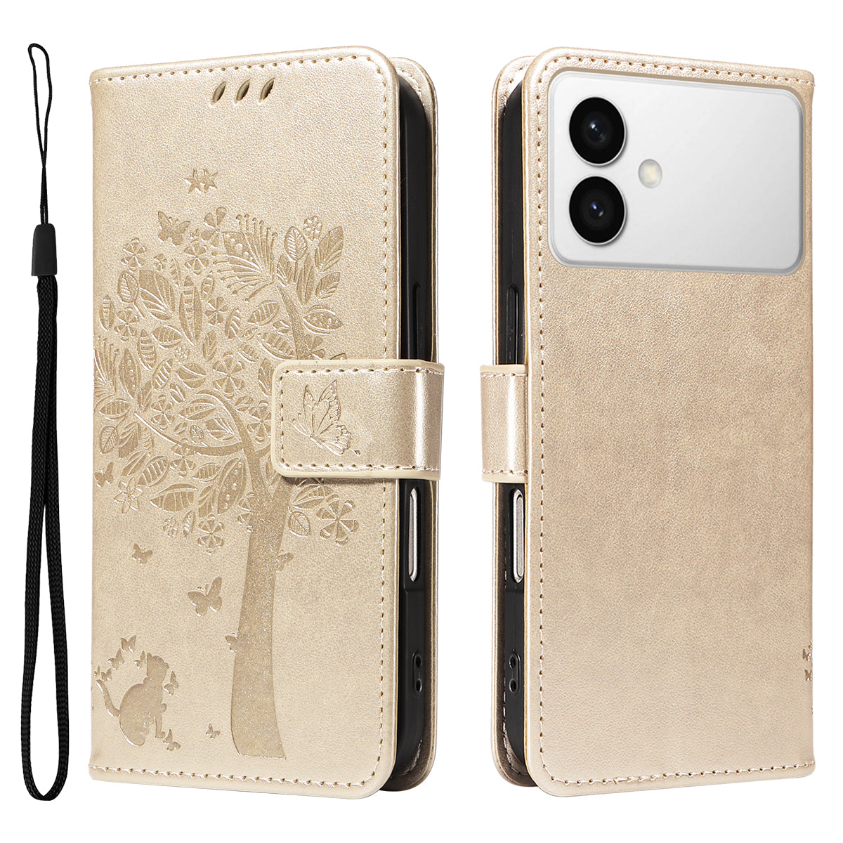 For-Samsung-Galaxy-S26-Edge-Phone-Case-with-Stand-Cat-Tree-Pattern-Leather-Wallet-Mobile-Cover-Gold
