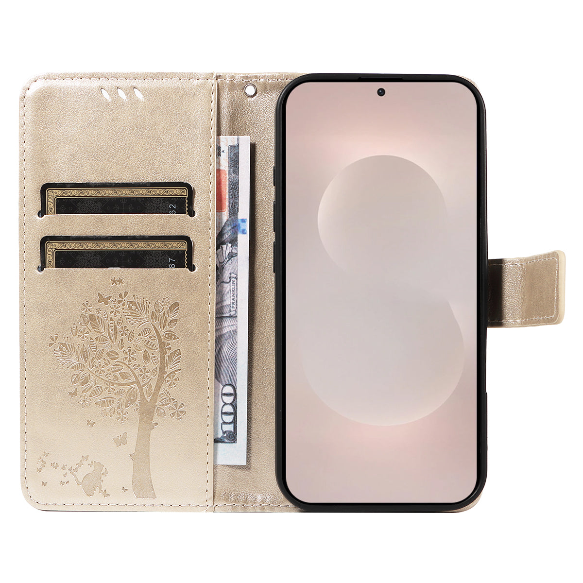 For-Samsung-Galaxy-S26-Edge-Phone-Case-with-Stand-Cat-Tree-Pattern-Leather-Wallet-Mobile-Cover-Gold