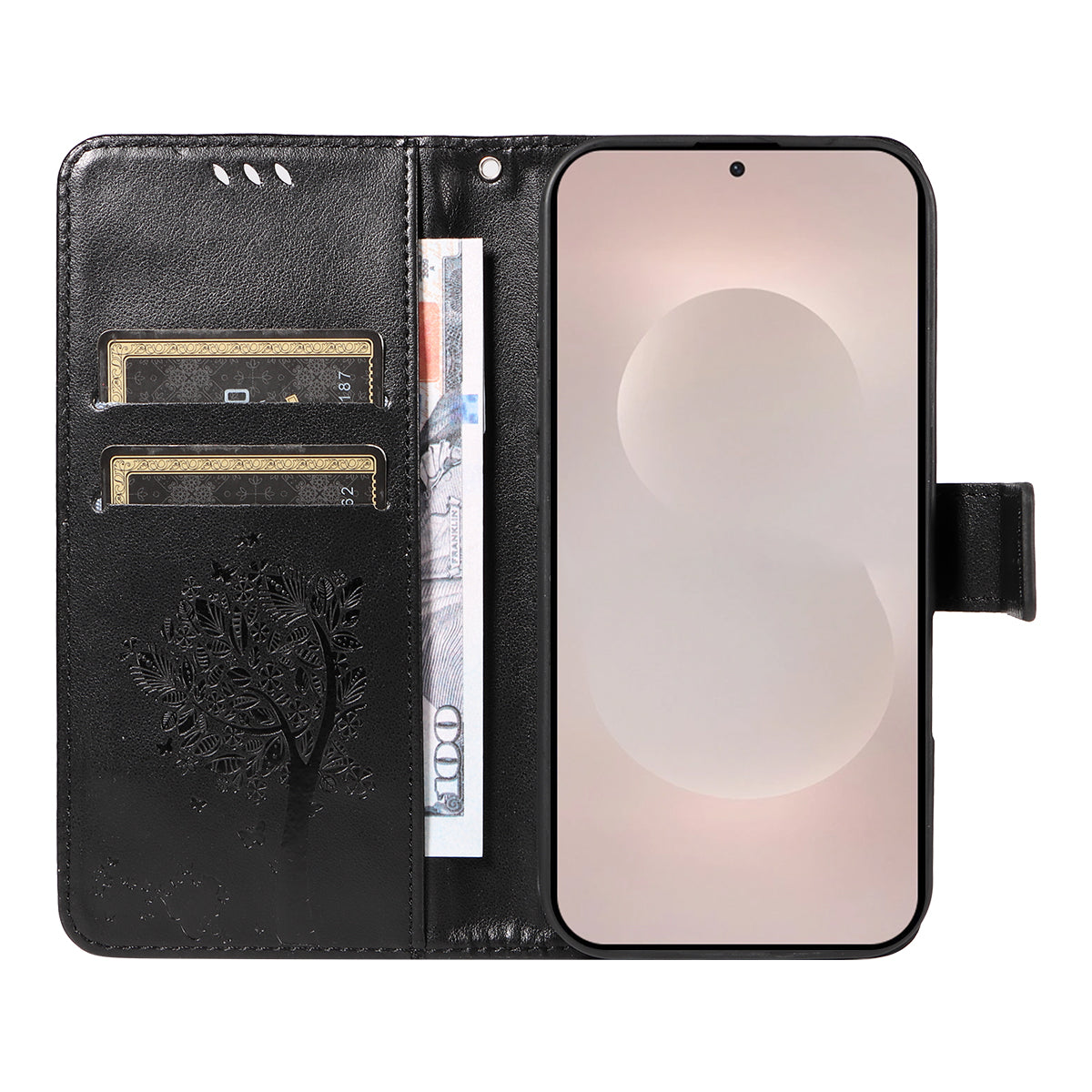 For-Samsung-Galaxy-S26-Edge-Phone-Case-with-Stand-Cat-Tree-Pattern-Leather-Wallet-Mobile-Cover-Black