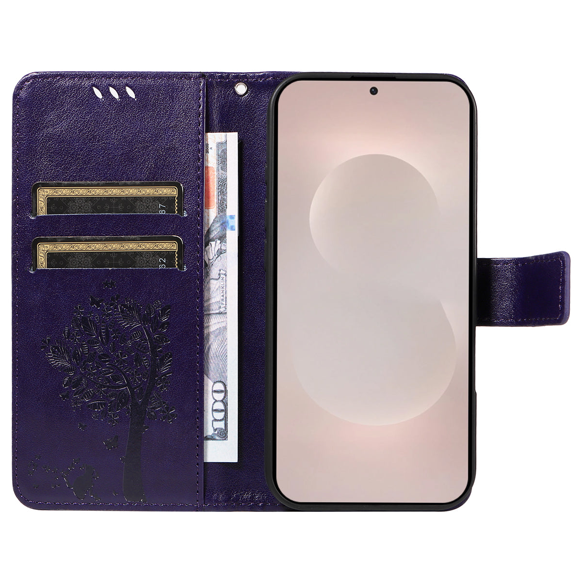 For-Samsung-Galaxy-S26-Edge-Phone-Case-with-Stand-Cat-Tree-Pattern-Leather-Wallet-Mobile-Cover-Purple