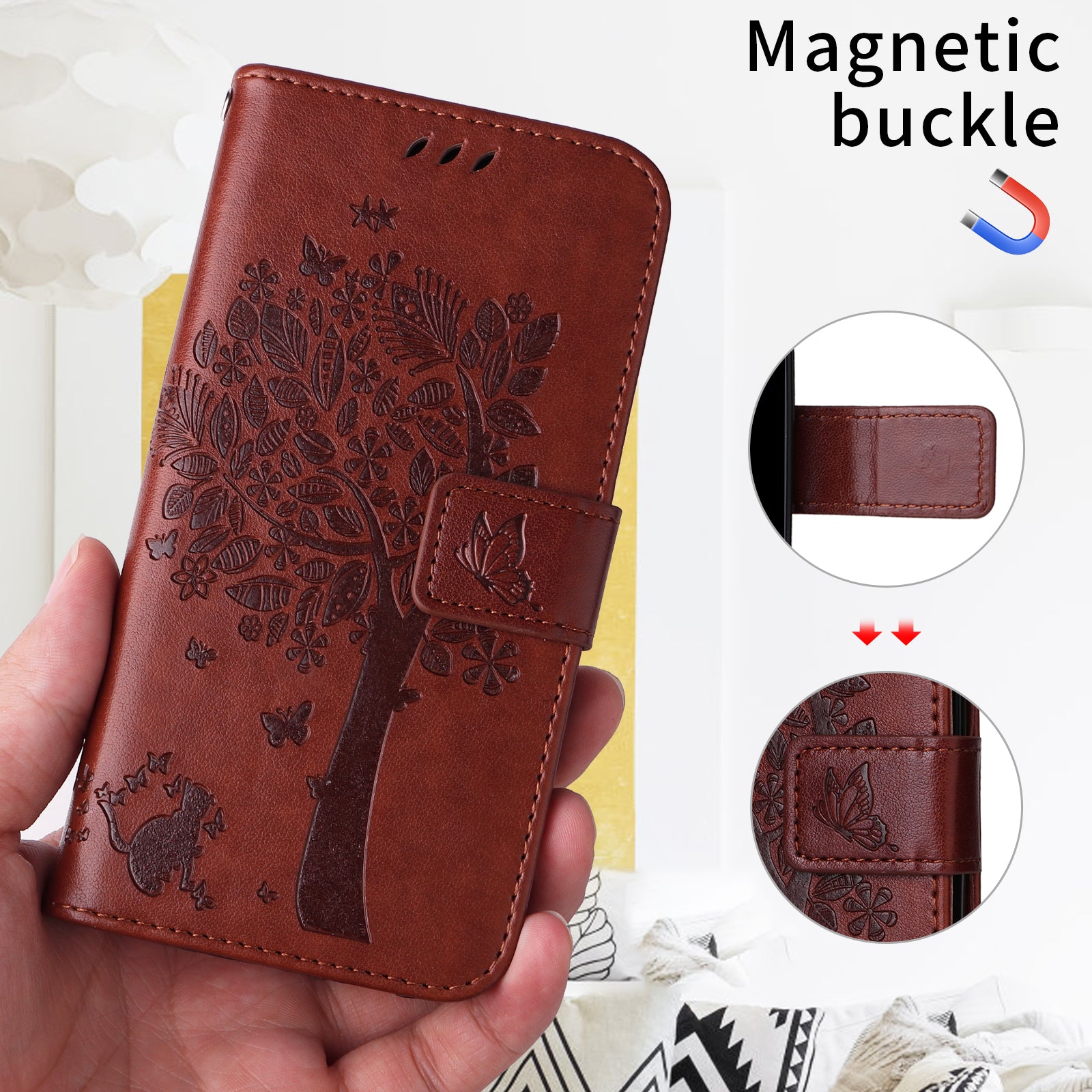 For-Samsung-Galaxy-S26-Edge-Phone-Case-with-Stand-Cat-Tree-Pattern-Leather-Wallet-Mobile-Cover-Coffee