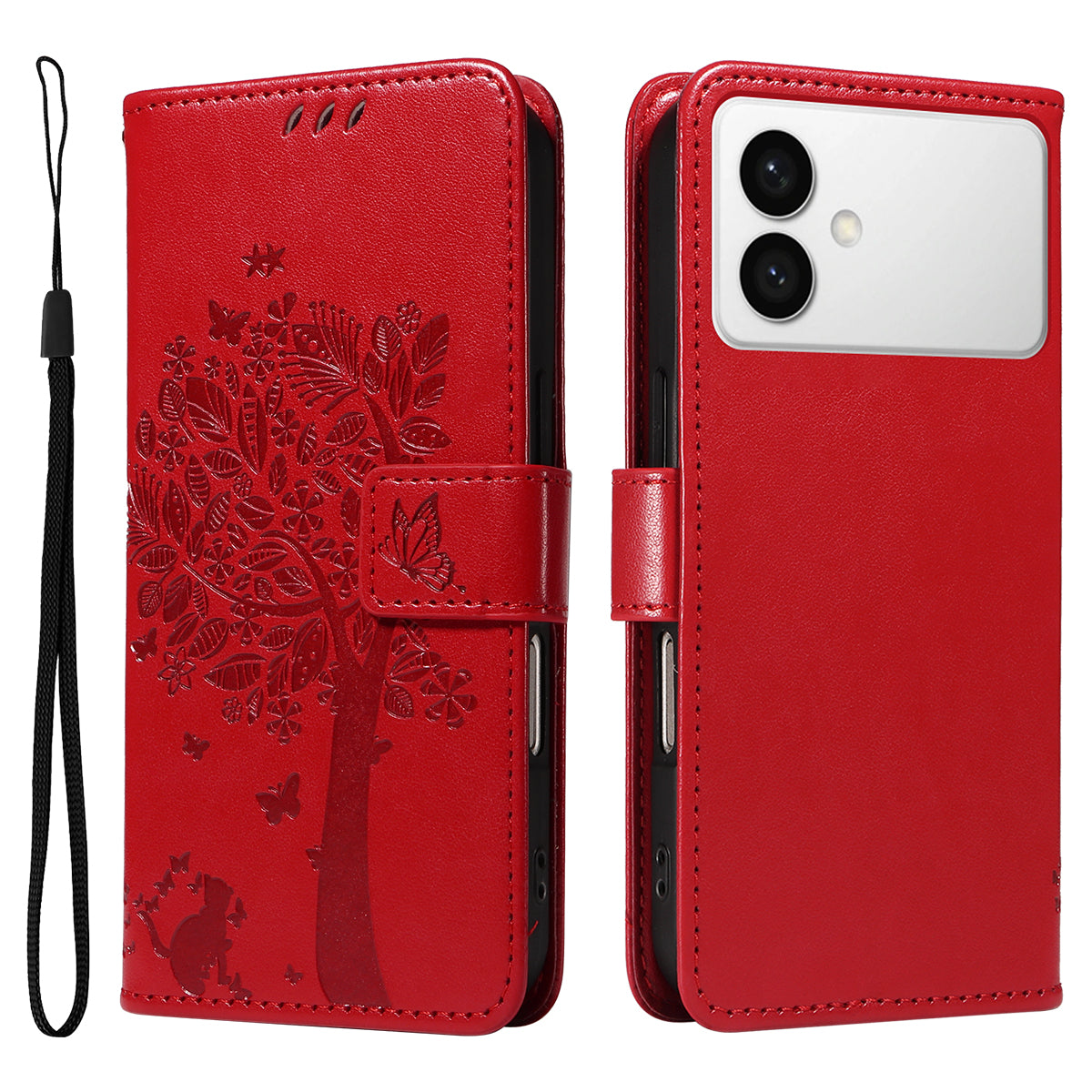 For-Samsung-Galaxy-S26-Edge-Phone-Case-with-Stand-Cat-Tree-Pattern-Leather-Wallet-Mobile-Cover-Red