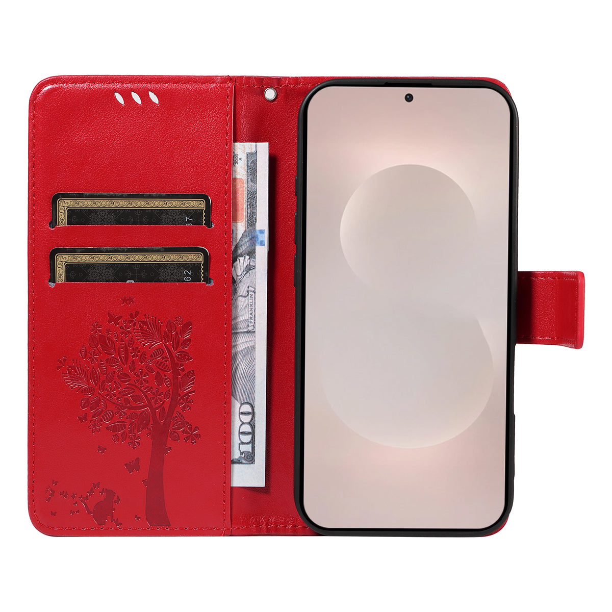 For-Samsung-Galaxy-S26-Edge-Phone-Case-with-Stand-Cat-Tree-Pattern-Leather-Wallet-Mobile-Cover-Red