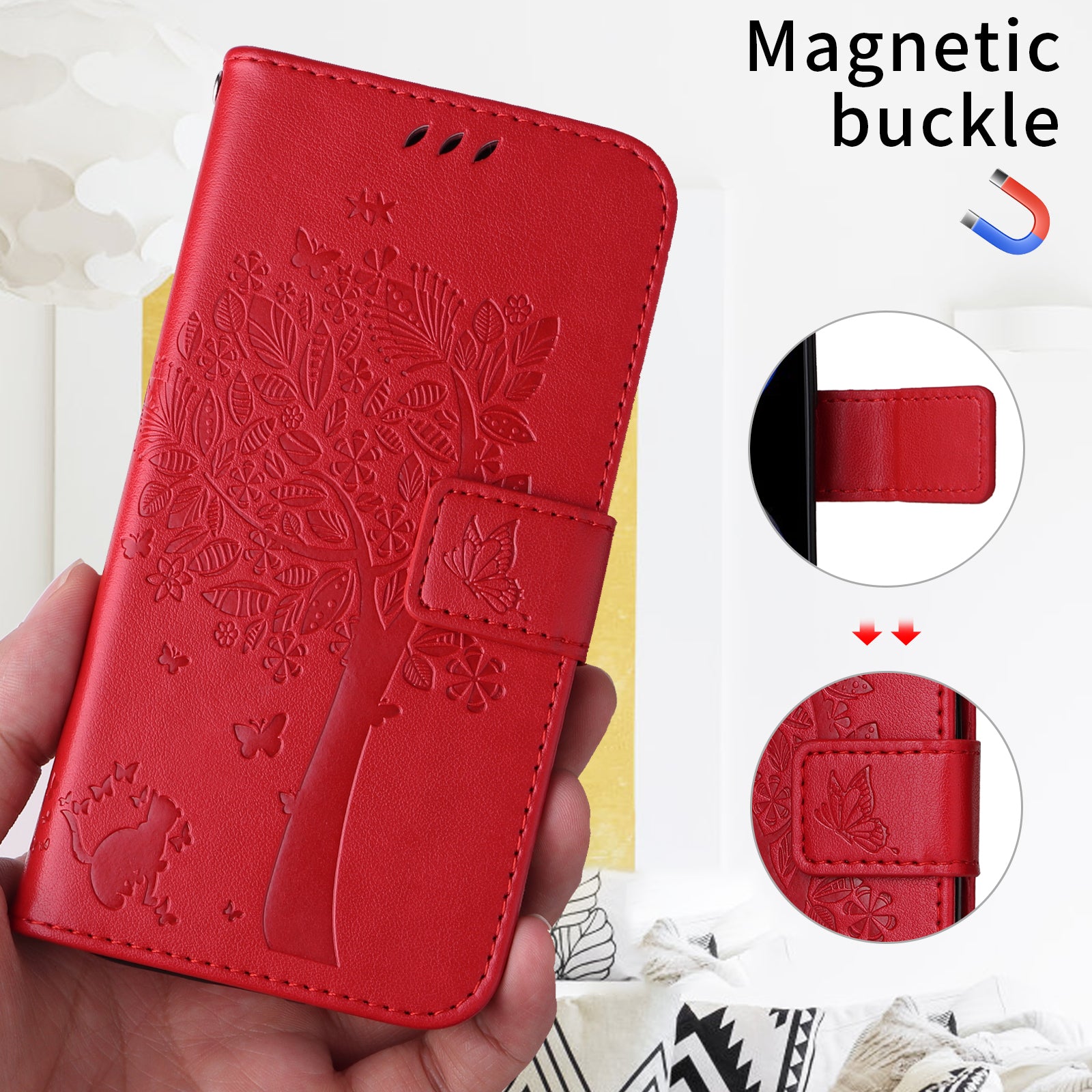 For-Samsung-Galaxy-S26-Edge-Phone-Case-with-Stand-Cat-Tree-Pattern-Leather-Wallet-Mobile-Cover-Red
