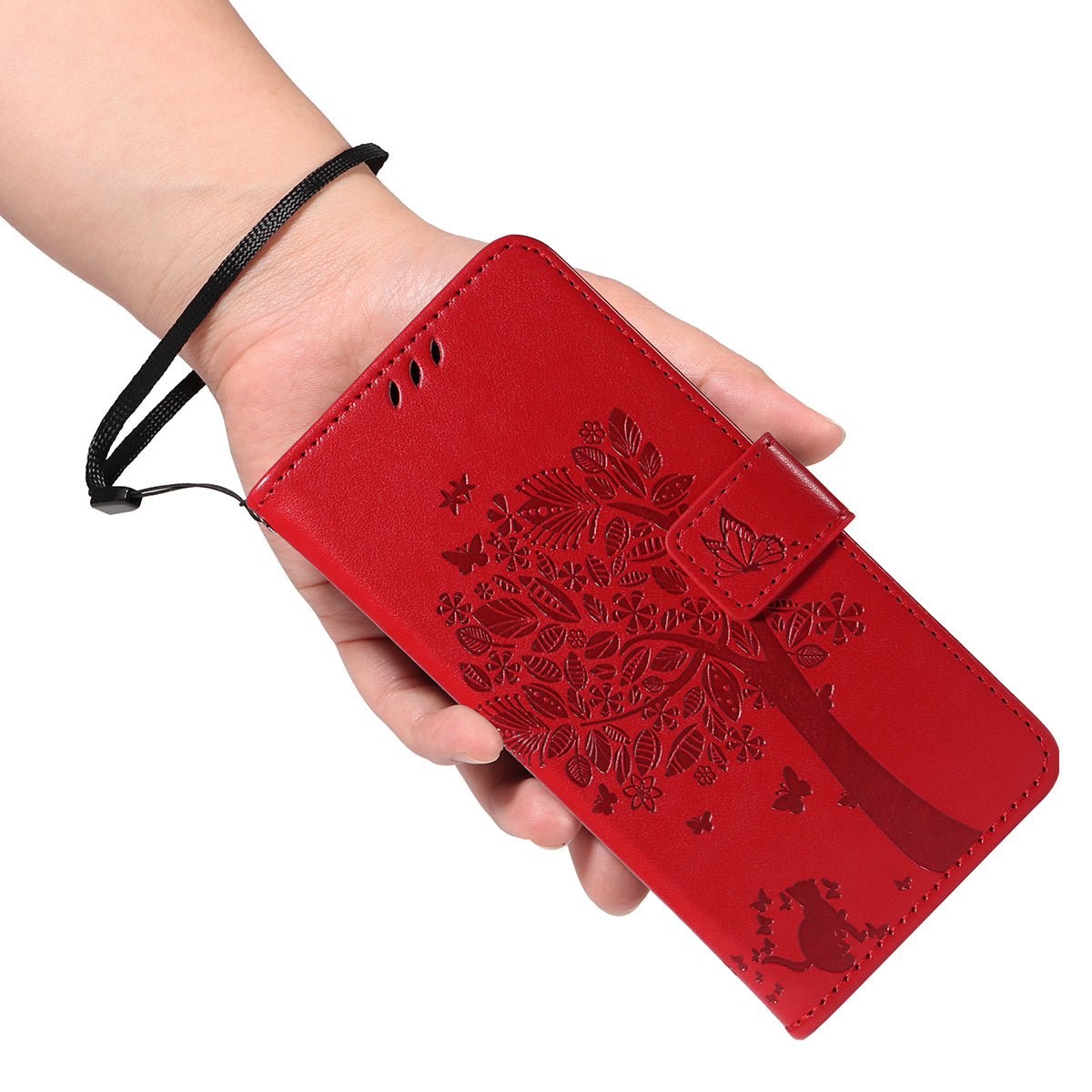 For-Samsung-Galaxy-S26-Edge-Phone-Case-with-Stand-Cat-Tree-Pattern-Leather-Wallet-Mobile-Cover-Red