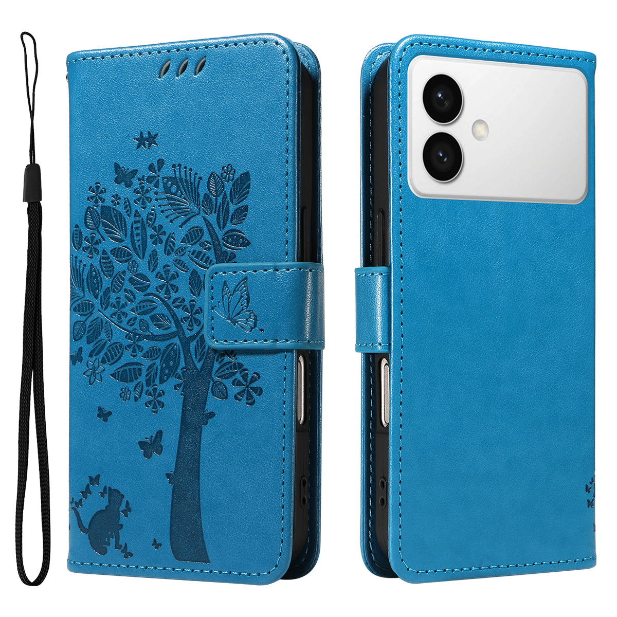 For-Samsung-Galaxy-S26-Edge-Phone-Case-with-Stand-Cat-Tree-Pattern-Leather-Wallet-Mobile-Cover-Blue