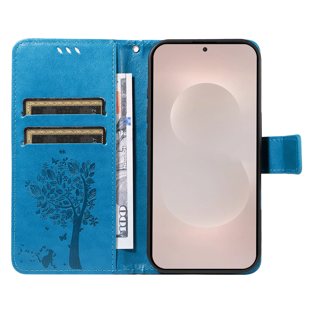 For-Samsung-Galaxy-S26-Edge-Phone-Case-with-Stand-Cat-Tree-Pattern-Leather-Wallet-Mobile-Cover-Blue