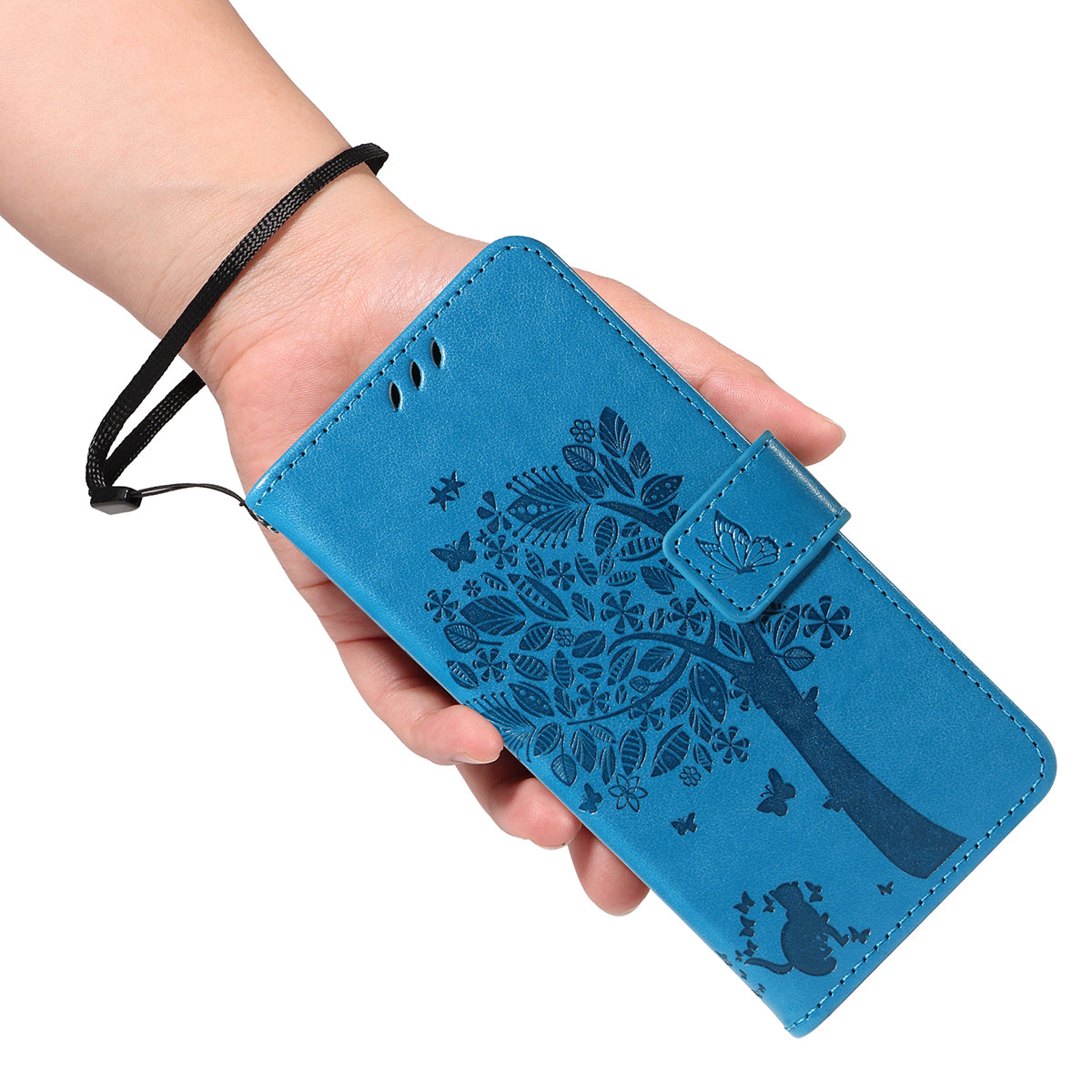 For-Samsung-Galaxy-S26-Edge-Phone-Case-with-Stand-Cat-Tree-Pattern-Leather-Wallet-Mobile-Cover-Blue