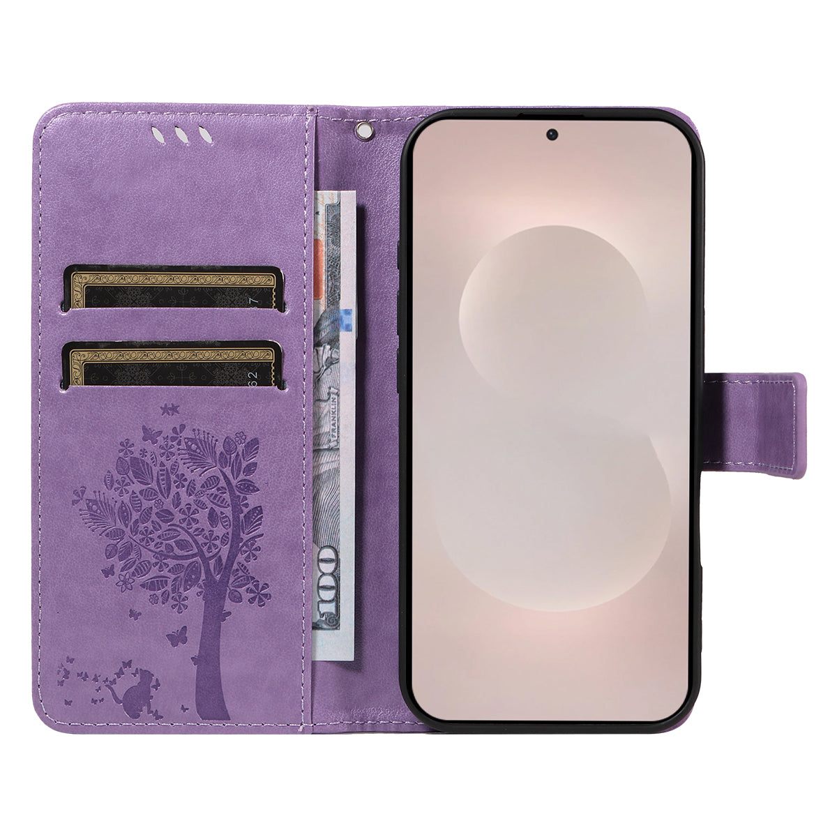 For-Samsung-Galaxy-S26-Edge-Phone-Case-with-Stand-Cat-Tree-Pattern-Leather-Wallet-Mobile-Cover-Light-Purple