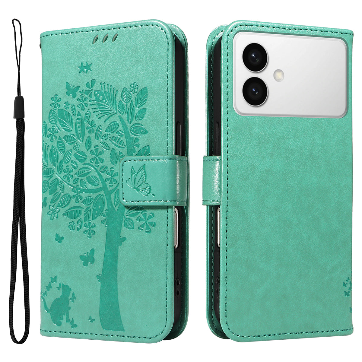 For-Samsung-Galaxy-S26-Edge-Phone-Case-with-Stand-Cat-Tree-Pattern-Leather-Wallet-Mobile-Cover-Green