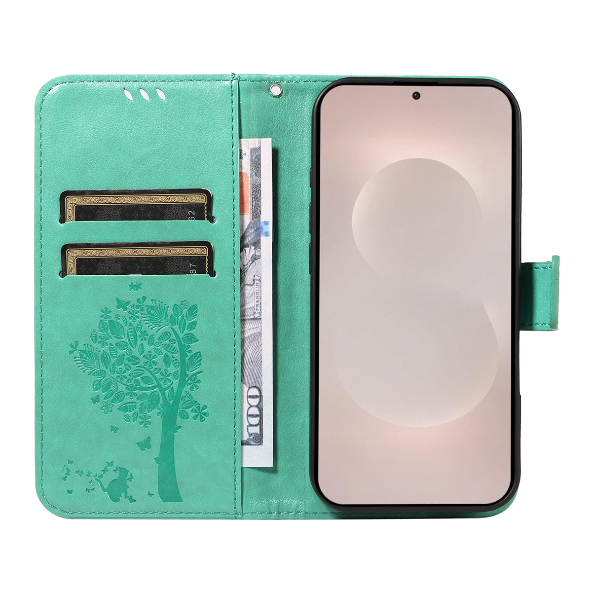 For-Samsung-Galaxy-S26-Edge-Phone-Case-with-Stand-Cat-Tree-Pattern-Leather-Wallet-Mobile-Cover-Green