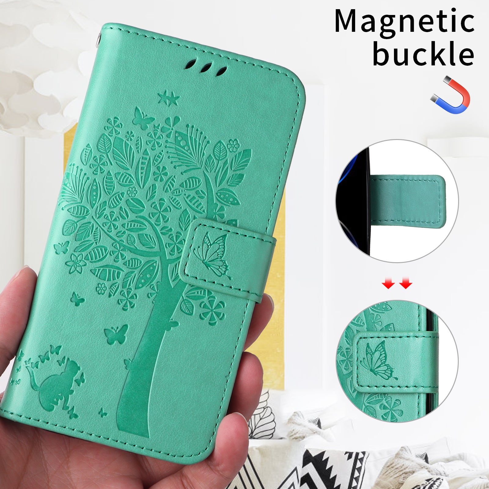 For-Samsung-Galaxy-S26-Edge-Phone-Case-with-Stand-Cat-Tree-Pattern-Leather-Wallet-Mobile-Cover-Green