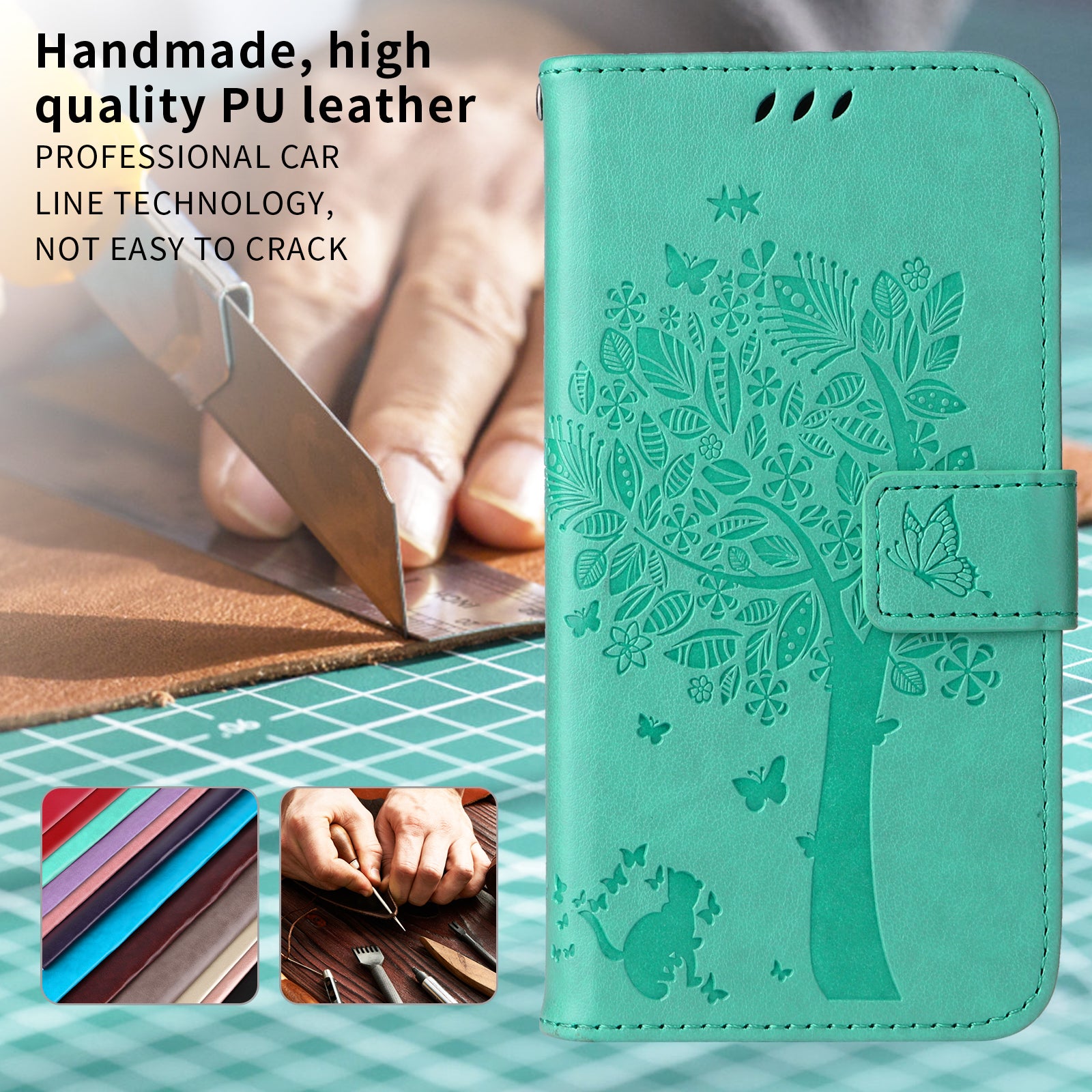 For-Samsung-Galaxy-S26-Edge-Phone-Case-with-Stand-Cat-Tree-Pattern-Leather-Wallet-Mobile-Cover-Green