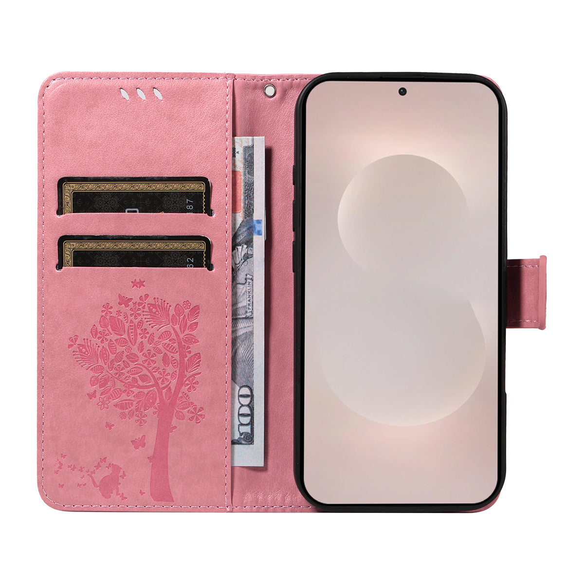 For-Samsung-Galaxy-S26-Edge-Phone-Case-with-Stand-Cat-Tree-Pattern-Leather-Wallet-Mobile-Cover-Pink