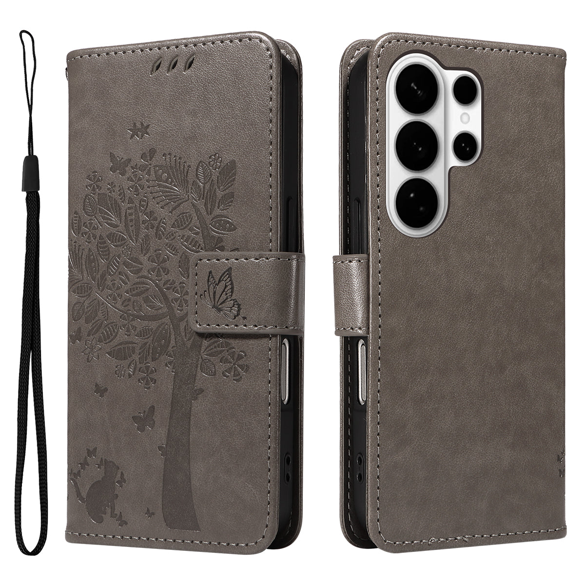 For-Samsung-Galaxy-S26-Ultra-Phone-Case-with-Stand-Cat-Tree-Pattern-Leather-Wallet-Mobile-Cover-Grey