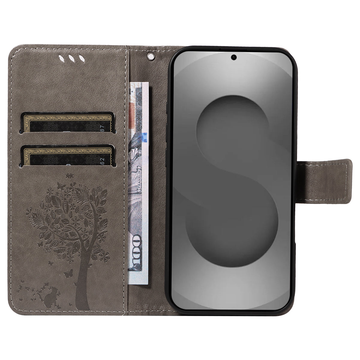 For-Samsung-Galaxy-S26-Ultra-Phone-Case-with-Stand-Cat-Tree-Pattern-Leather-Wallet-Mobile-Cover-Grey