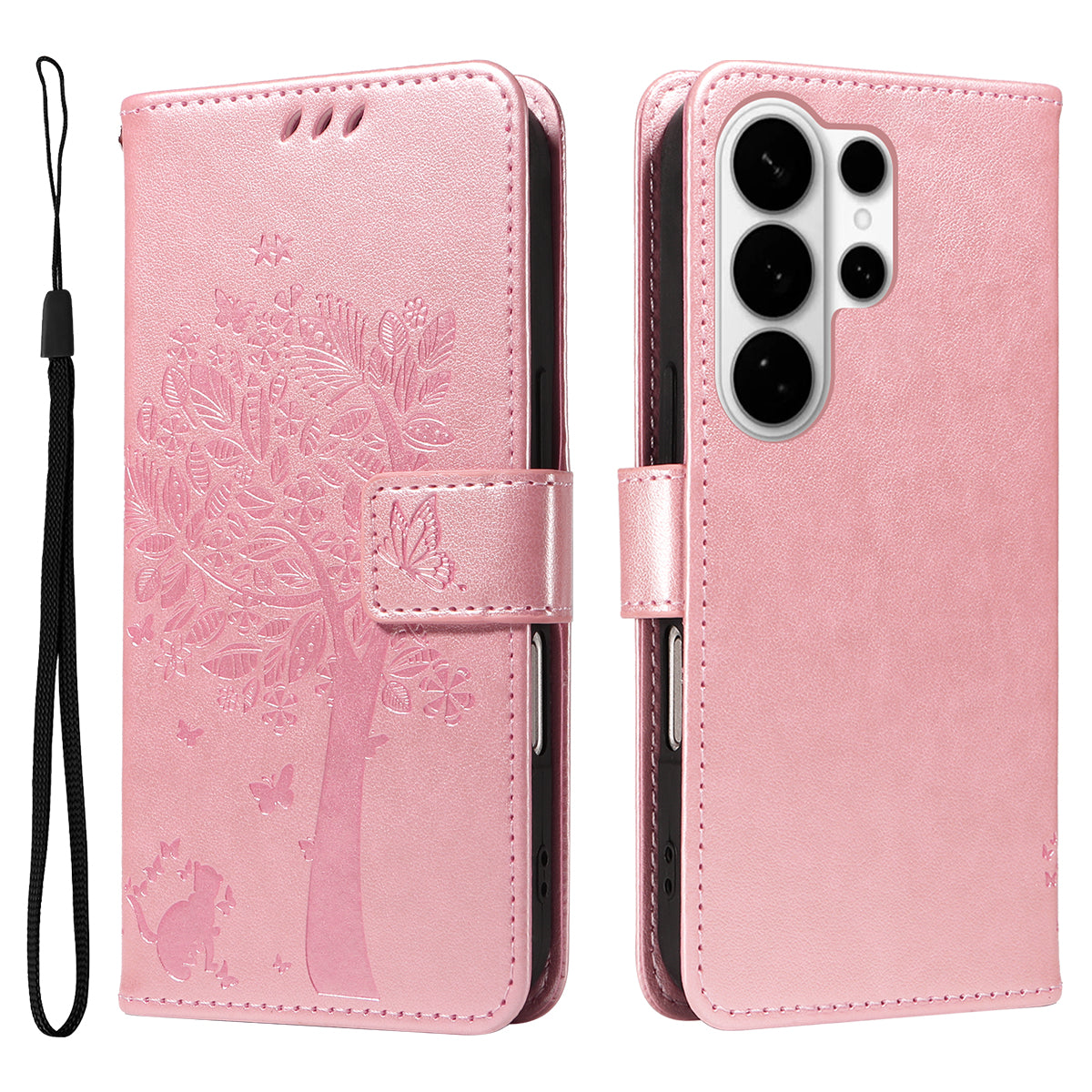 For-Samsung-Galaxy-S26-Ultra-Phone-Case-with-Stand-Cat-Tree-Pattern-Leather-Wallet-Mobile-Cover-Rose-Gold