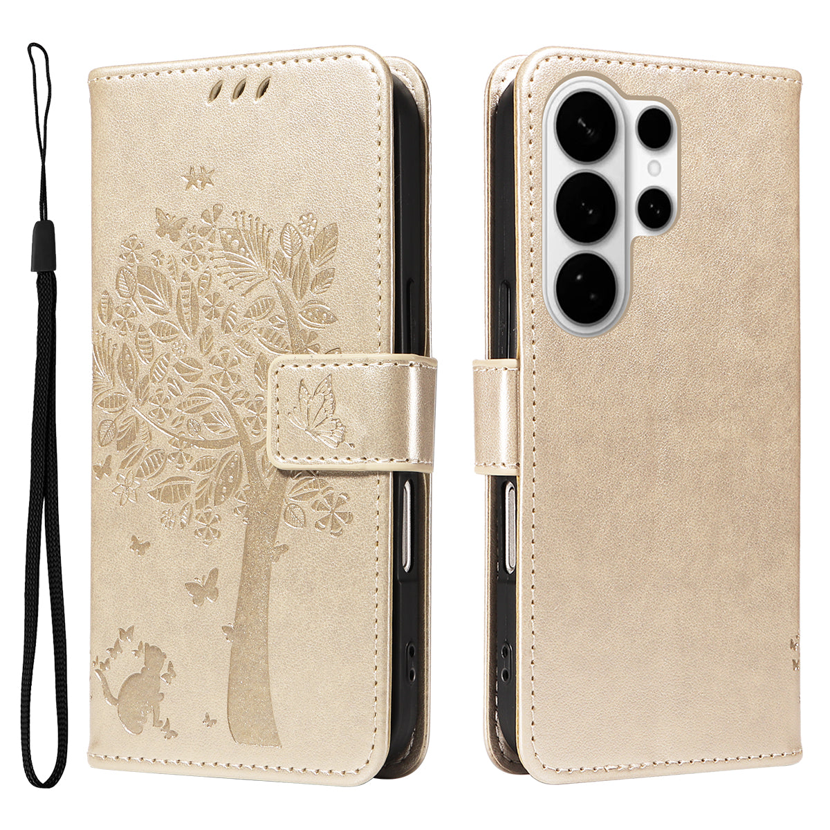 For-Samsung-Galaxy-S26-Ultra-Phone-Case-with-Stand-Cat-Tree-Pattern-Leather-Wallet-Mobile-Cover-Gold