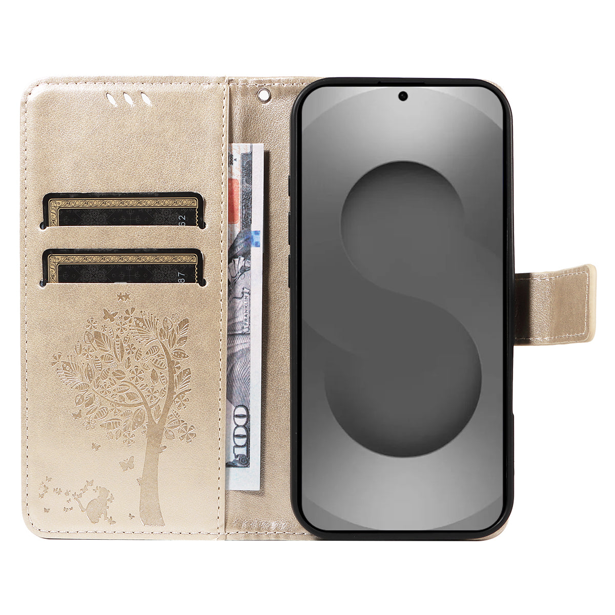 For-Samsung-Galaxy-S26-Ultra-Phone-Case-with-Stand-Cat-Tree-Pattern-Leather-Wallet-Mobile-Cover-Gold