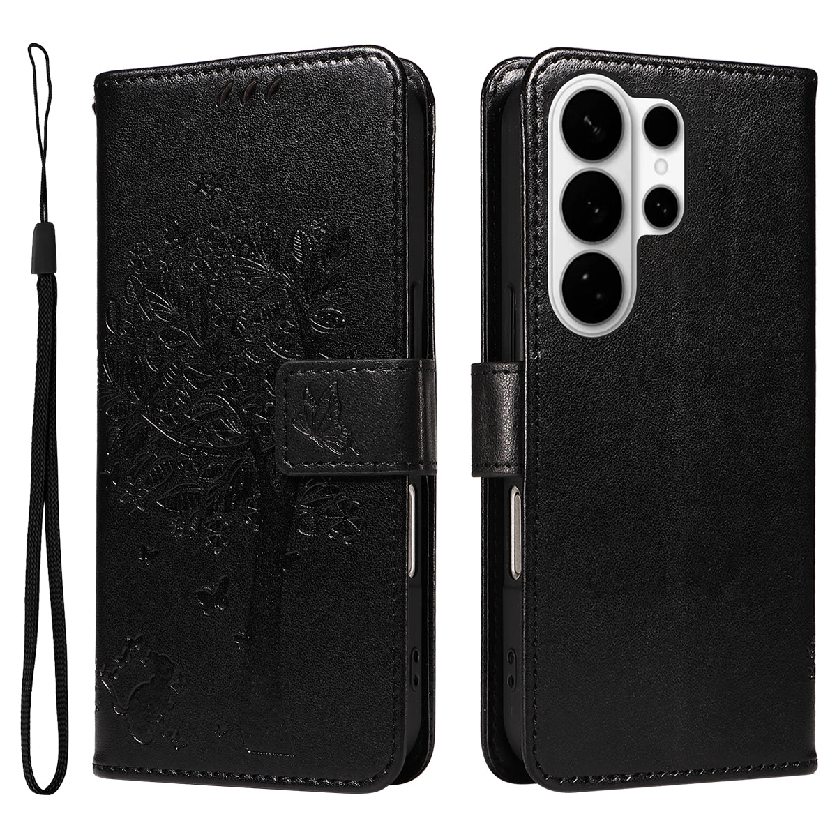 For-Samsung-Galaxy-S26-Ultra-Phone-Case-with-Stand-Cat-Tree-Pattern-Leather-Wallet-Mobile-Cover-Black