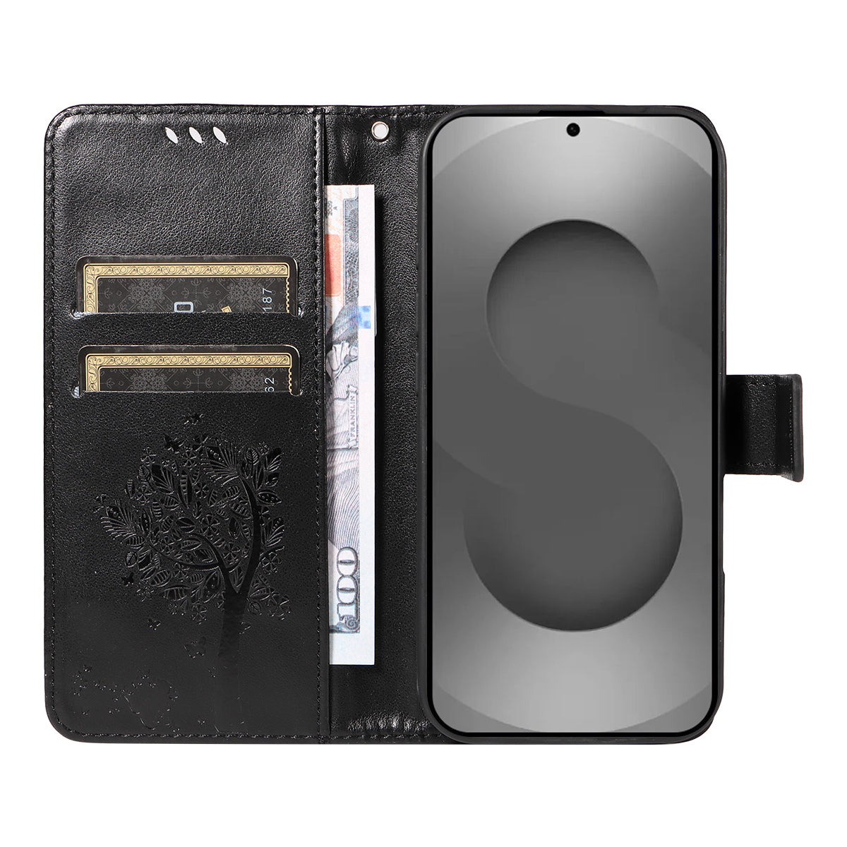 For-Samsung-Galaxy-S26-Ultra-Phone-Case-with-Stand-Cat-Tree-Pattern-Leather-Wallet-Mobile-Cover-Black