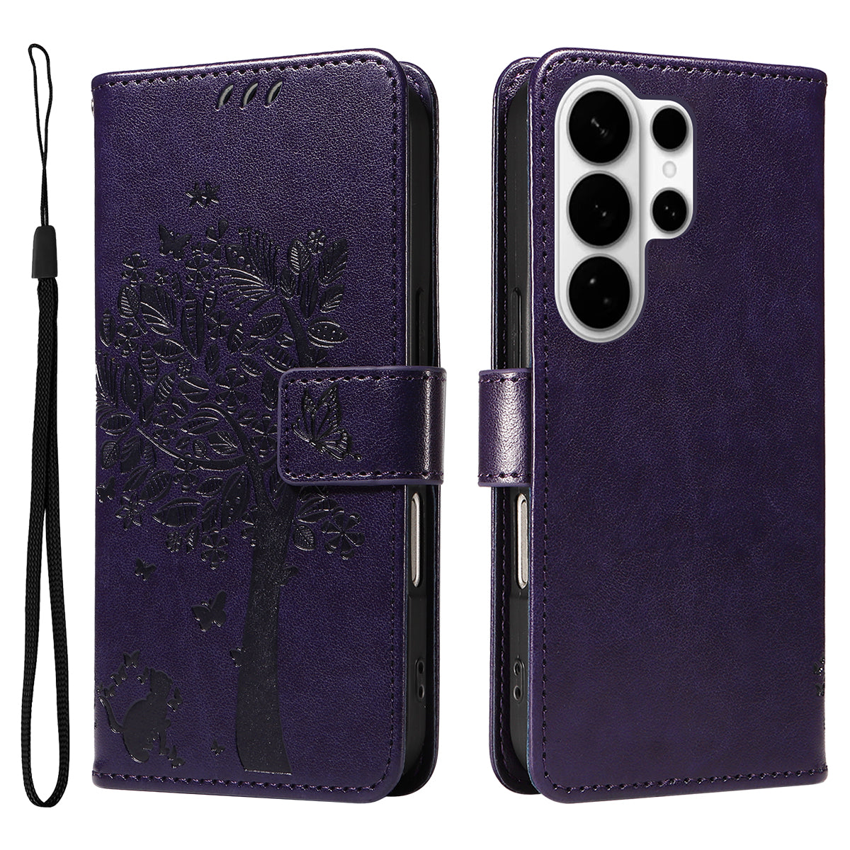 For-Samsung-Galaxy-S26-Ultra-Phone-Case-with-Stand-Cat-Tree-Pattern-Leather-Wallet-Mobile-Cover-Purple