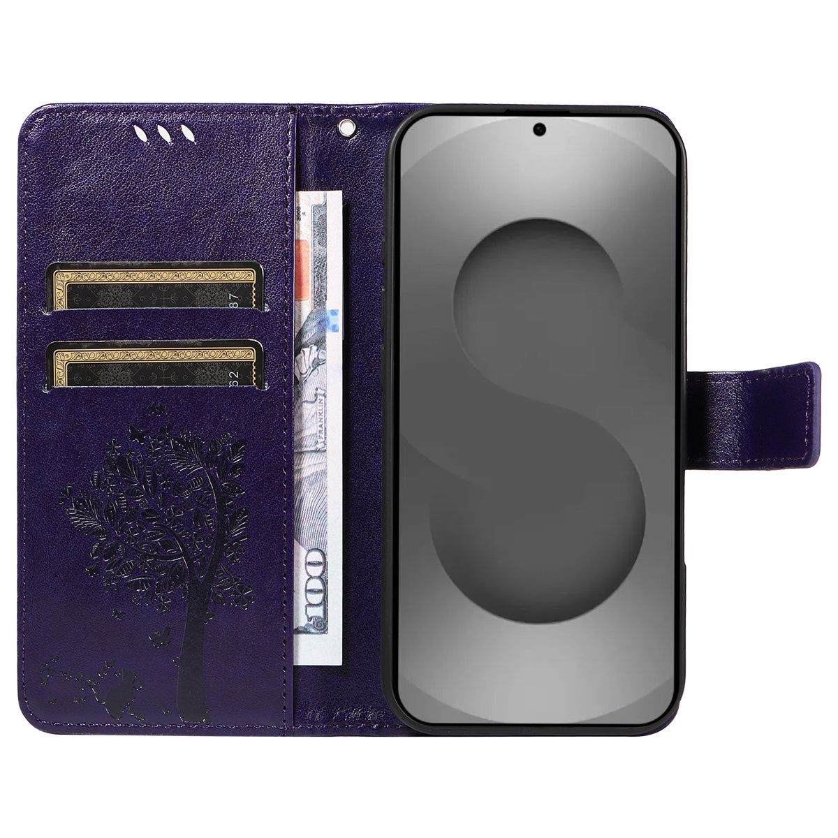 For-Samsung-Galaxy-S26-Ultra-Phone-Case-with-Stand-Cat-Tree-Pattern-Leather-Wallet-Mobile-Cover-Purple