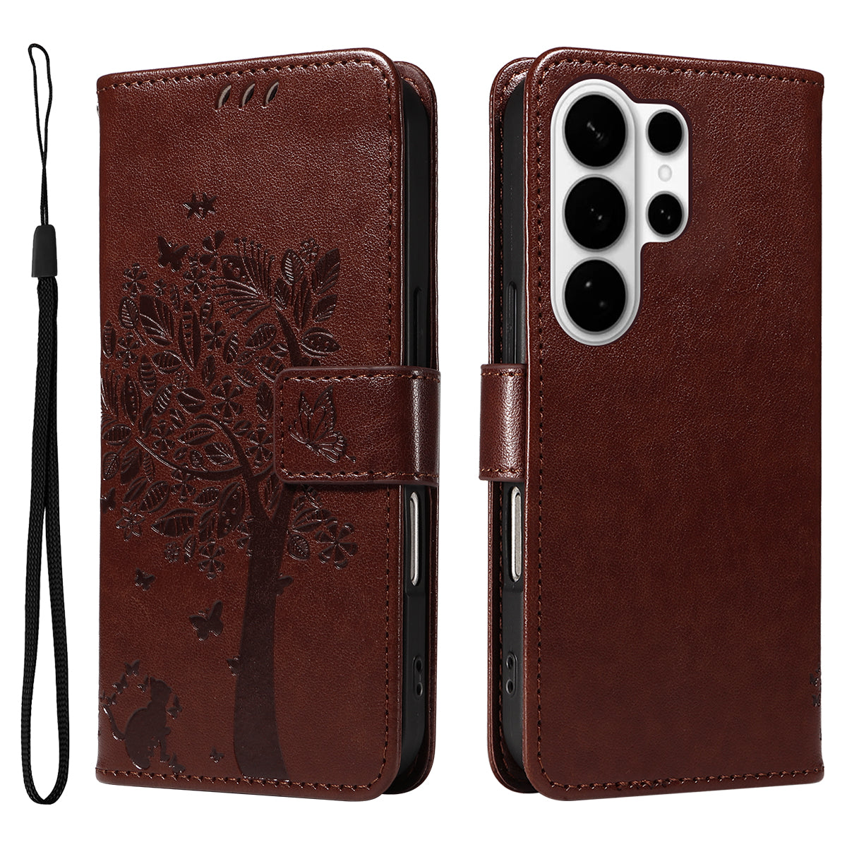 For-Samsung-Galaxy-S26-Ultra-Phone-Case-with-Stand-Cat-Tree-Pattern-Leather-Wallet-Mobile-Cover-Coffee