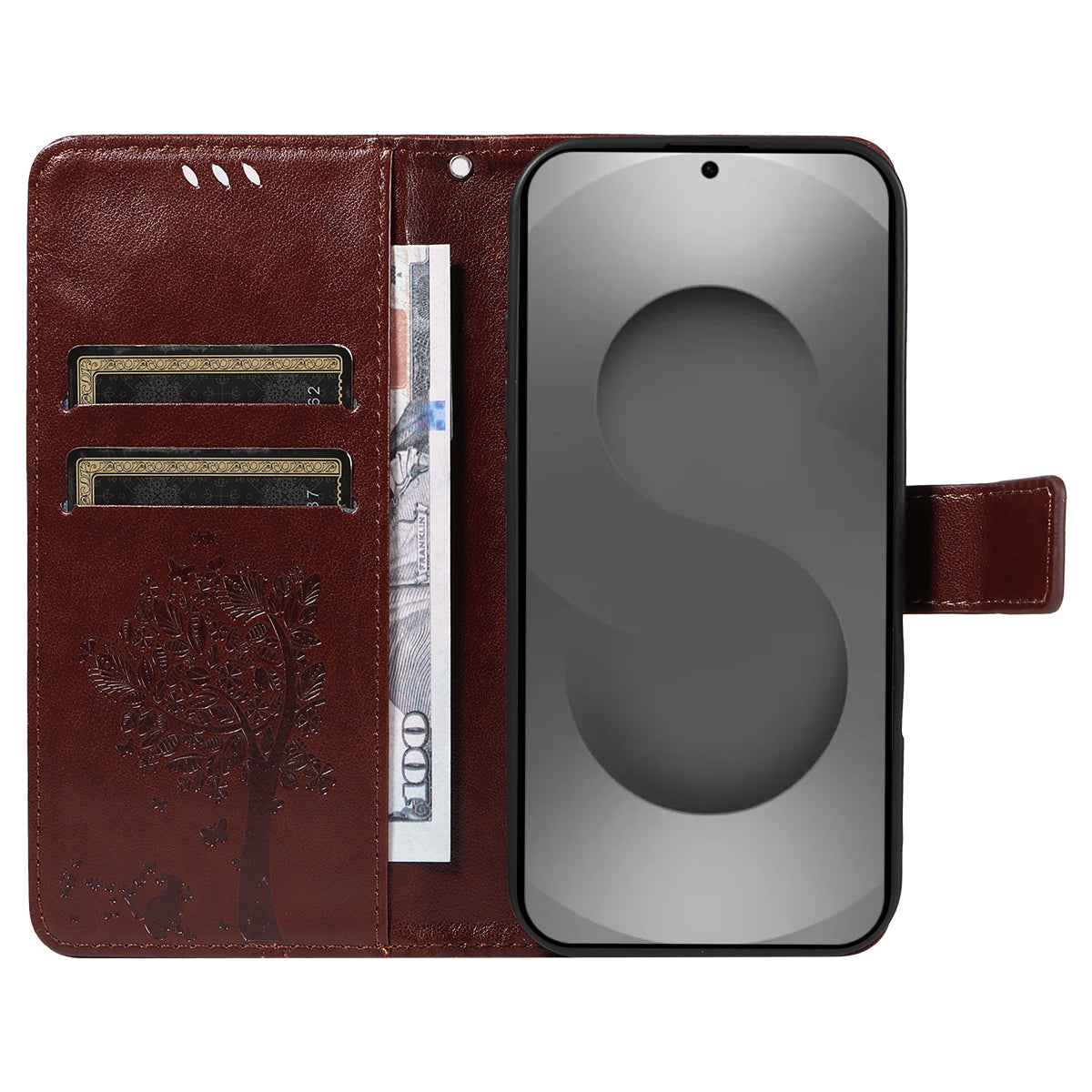 For-Samsung-Galaxy-S26-Ultra-Phone-Case-with-Stand-Cat-Tree-Pattern-Leather-Wallet-Mobile-Cover-Coffee