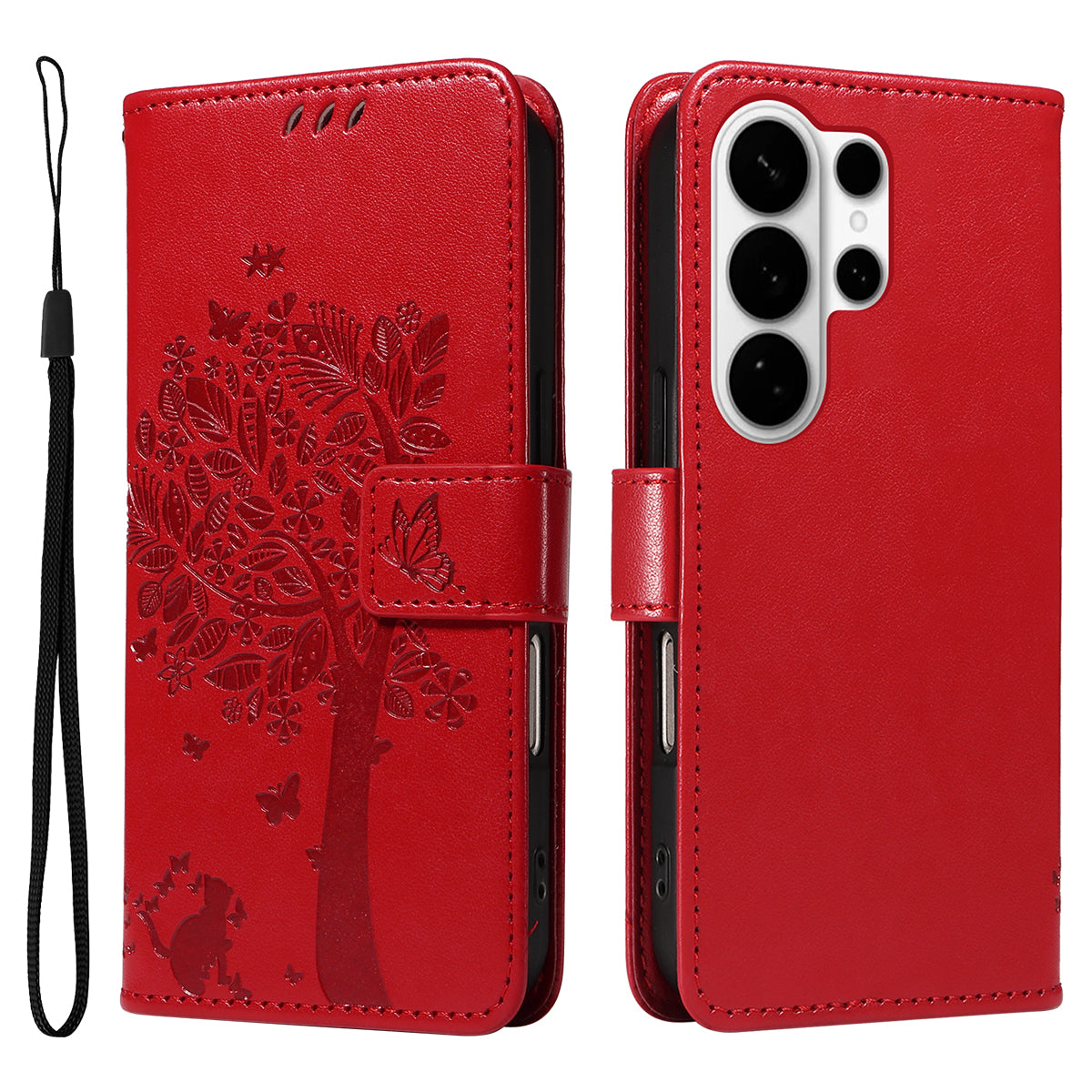 For-Samsung-Galaxy-S26-Ultra-Phone-Case-with-Stand-Cat-Tree-Pattern-Leather-Wallet-Mobile-Cover-Red