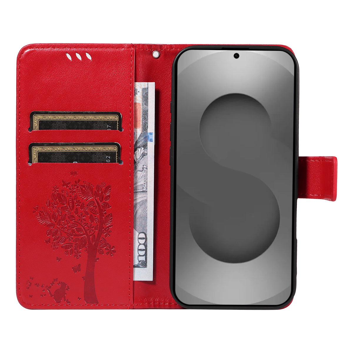 For-Samsung-Galaxy-S26-Ultra-Phone-Case-with-Stand-Cat-Tree-Pattern-Leather-Wallet-Mobile-Cover-Red