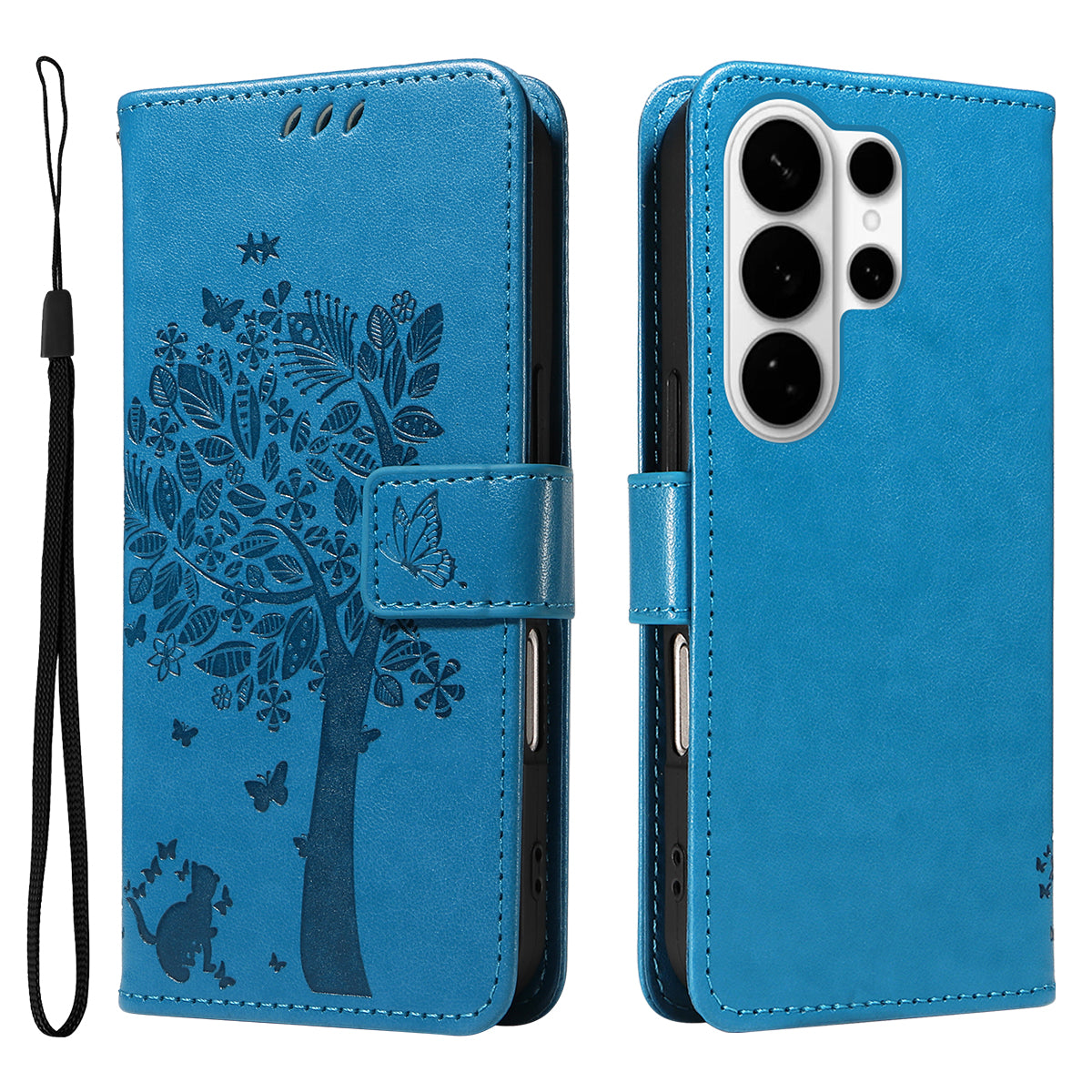 For-Samsung-Galaxy-S26-Ultra-Phone-Case-with-Stand-Cat-Tree-Pattern-Leather-Wallet-Mobile-Cover-Blue