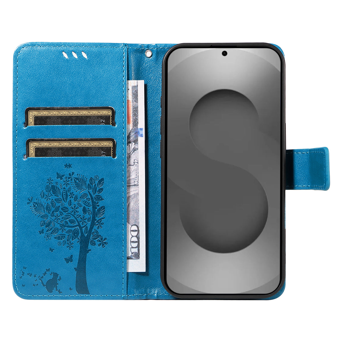 For-Samsung-Galaxy-S26-Ultra-Phone-Case-with-Stand-Cat-Tree-Pattern-Leather-Wallet-Mobile-Cover-Blue
