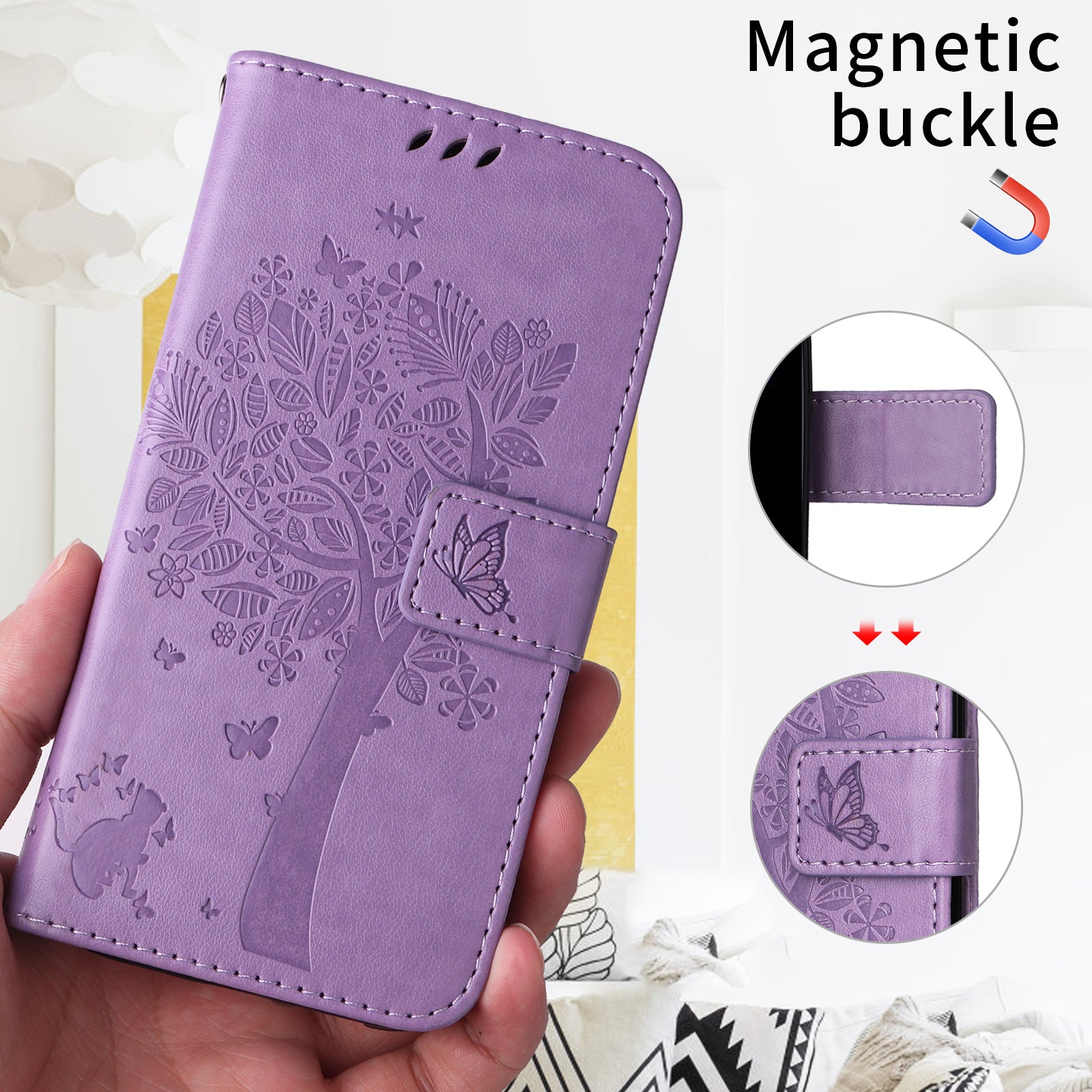 For-Samsung-Galaxy-S26-Ultra-Phone-Case-with-Stand-Cat-Tree-Pattern-Leather-Wallet-Mobile-Cover-Light-Purple