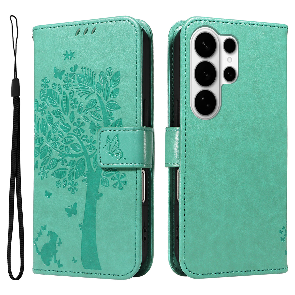 For-Samsung-Galaxy-S26-Ultra-Phone-Case-with-Stand-Cat-Tree-Pattern-Leather-Wallet-Mobile-Cover-Green