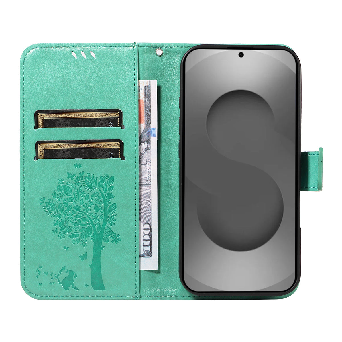 For-Samsung-Galaxy-S26-Ultra-Phone-Case-with-Stand-Cat-Tree-Pattern-Leather-Wallet-Mobile-Cover-Green