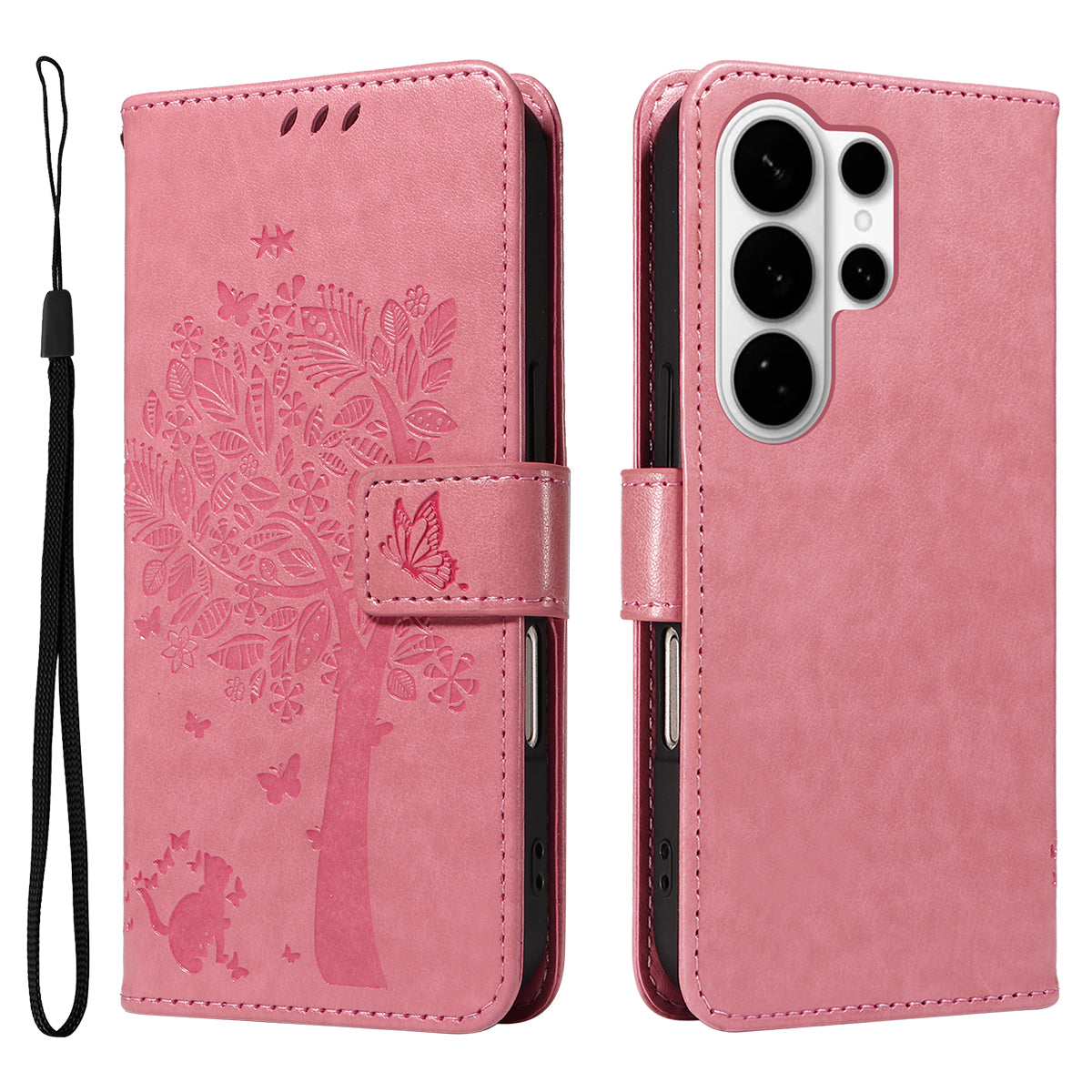 For-Samsung-Galaxy-S26-Ultra-Phone-Case-with-Stand-Cat-Tree-Pattern-Leather-Wallet-Mobile-Cover-Pink