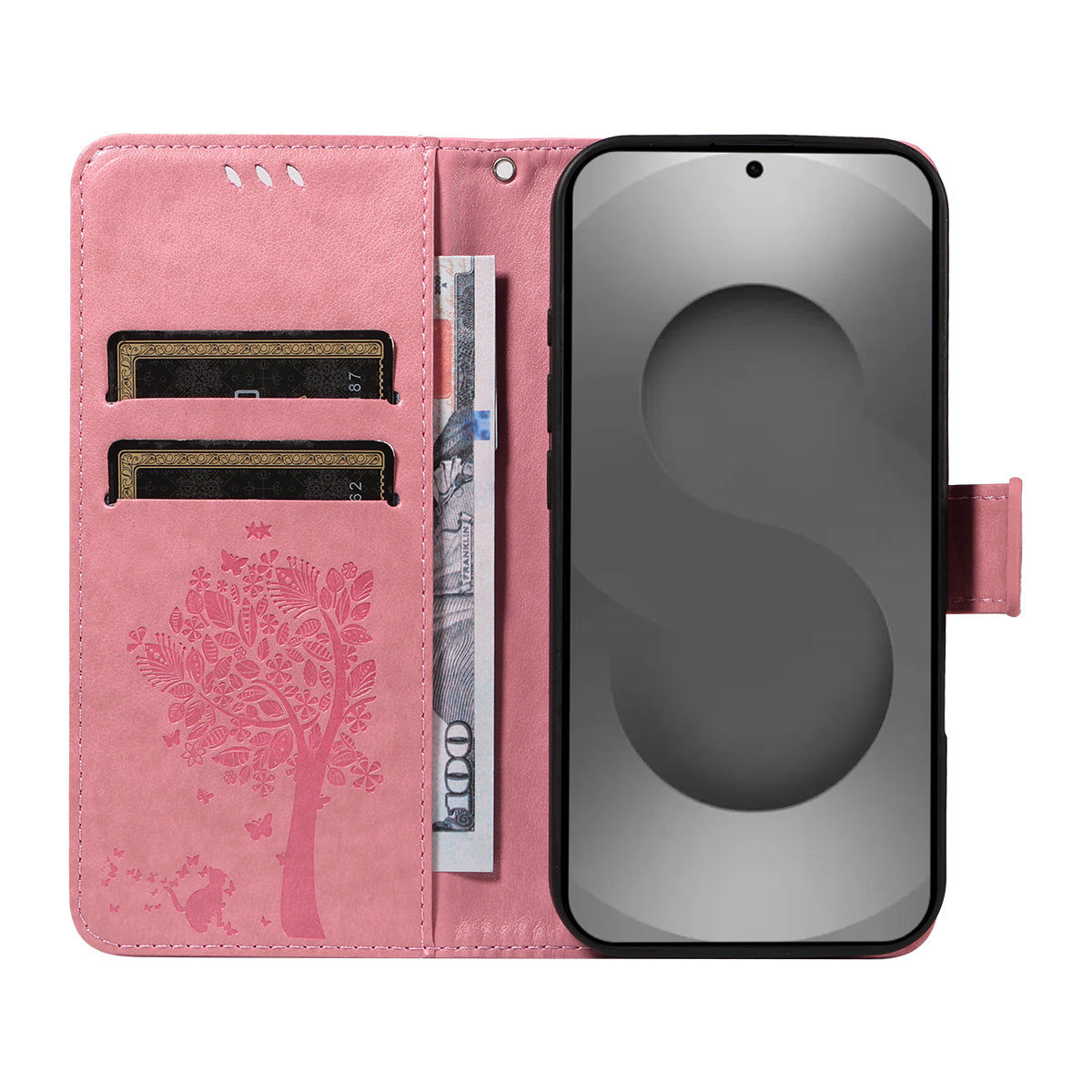For-Samsung-Galaxy-S26-Ultra-Phone-Case-with-Stand-Cat-Tree-Pattern-Leather-Wallet-Mobile-Cover-Pink
