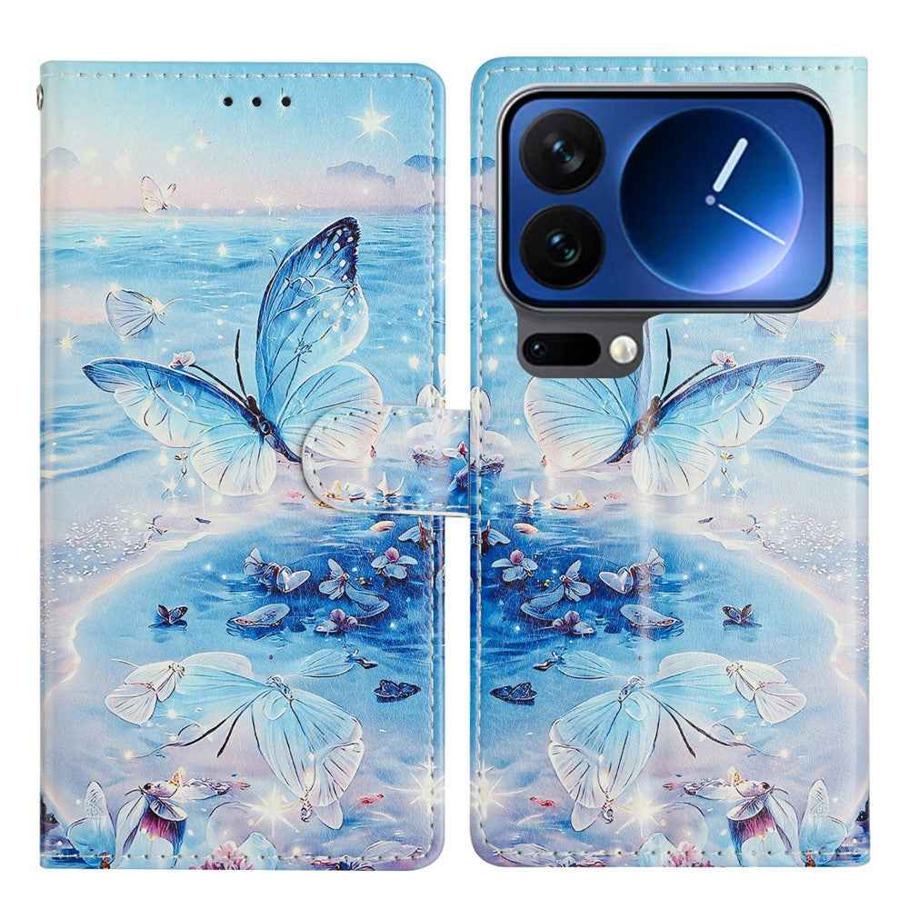 For Xiaomi 17 Pro Case Pattern Printing Wallet Stand Flip Leather Phone Cover with Strap - Ocean Butterfly