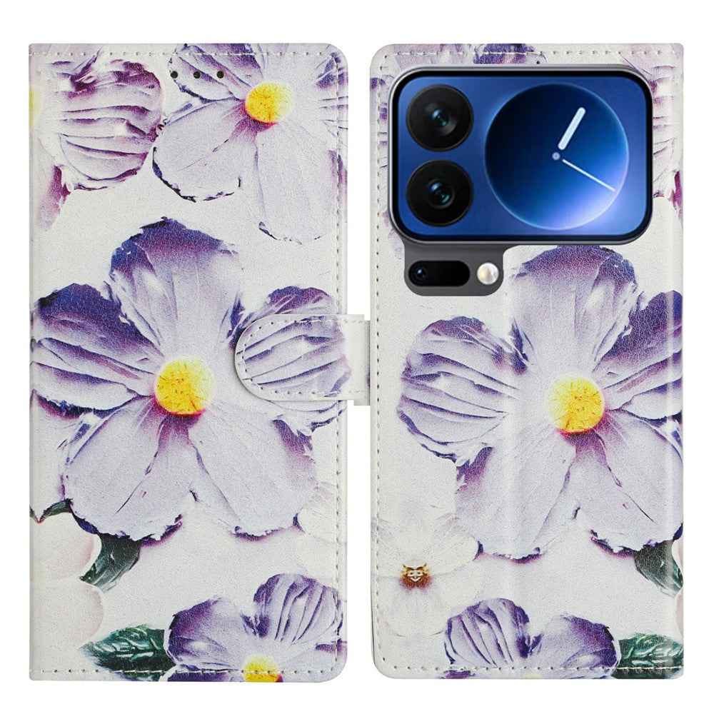 For Xiaomi 17 Pro Case Pattern Printing Wallet Stand Flip Leather Phone Cover with Strap - Purple Flower