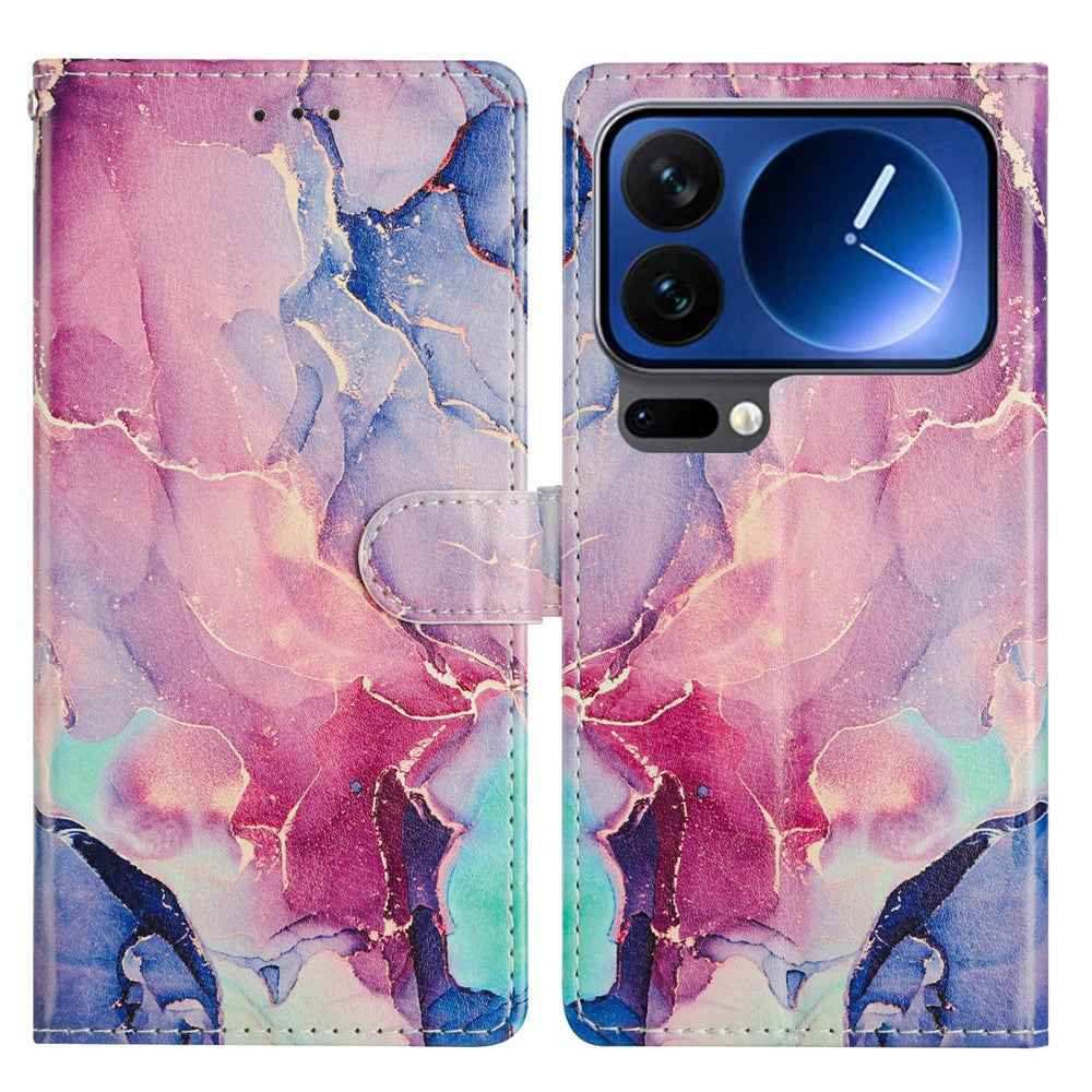 For Xiaomi 17 Pro Case Pattern Printing Wallet Stand Flip Leather Phone Cover with Strap - Green Pink Marble