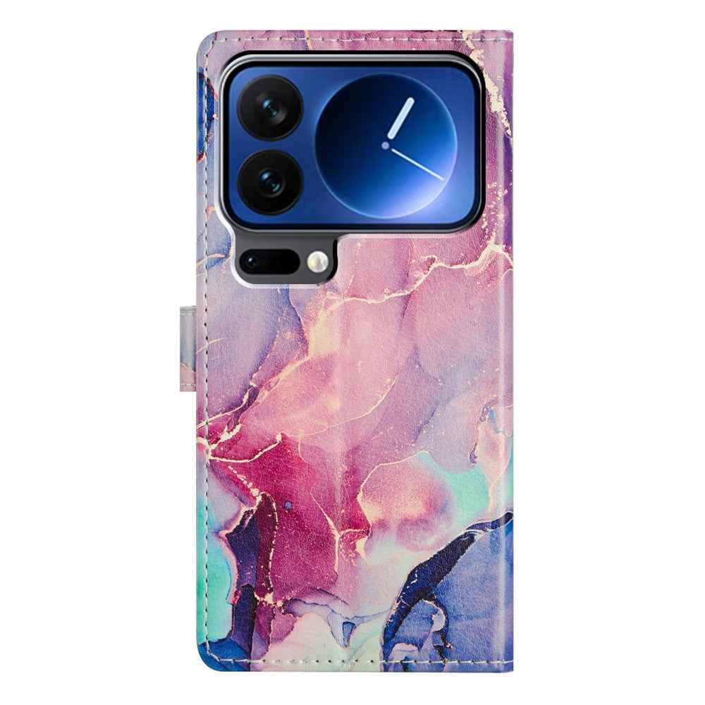 For Xiaomi 17 Pro Case Pattern Printing Wallet Stand Flip Leather Phone Cover with Strap - Green Pink Marble