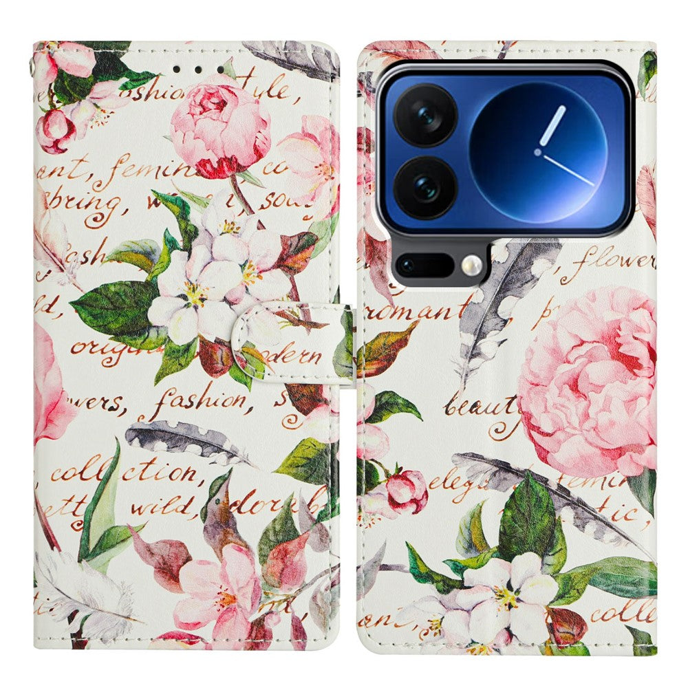 For Xiaomi 17 Pro Max Case Pattern Printing Wallet Stand Flip Leather Phone Cover with Strap - Green Leaves Flowers