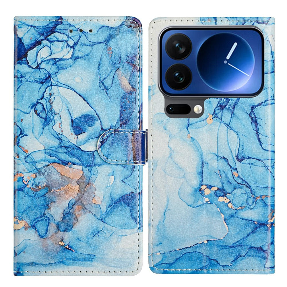 For Xiaomi 17 Pro Max Case Pattern Printing Wallet Stand Flip Leather Phone Cover with Strap - Blue Marble