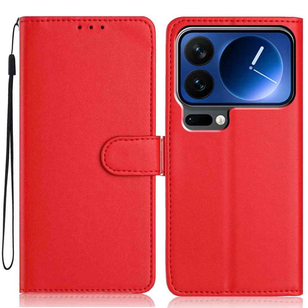 For Xiaomi 17 Pro Wallet Case with Strap  /  Multiple Card Slots Solid Color Leather Stand Phone Cover - Red