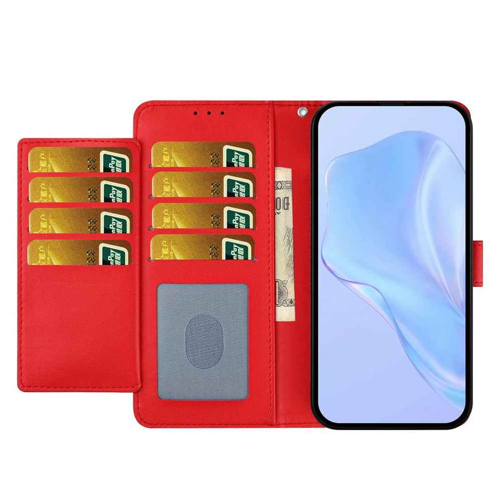 For Xiaomi 17 Pro Wallet Case with Strap  /  Multiple Card Slots Solid Color Leather Stand Phone Cover - Red