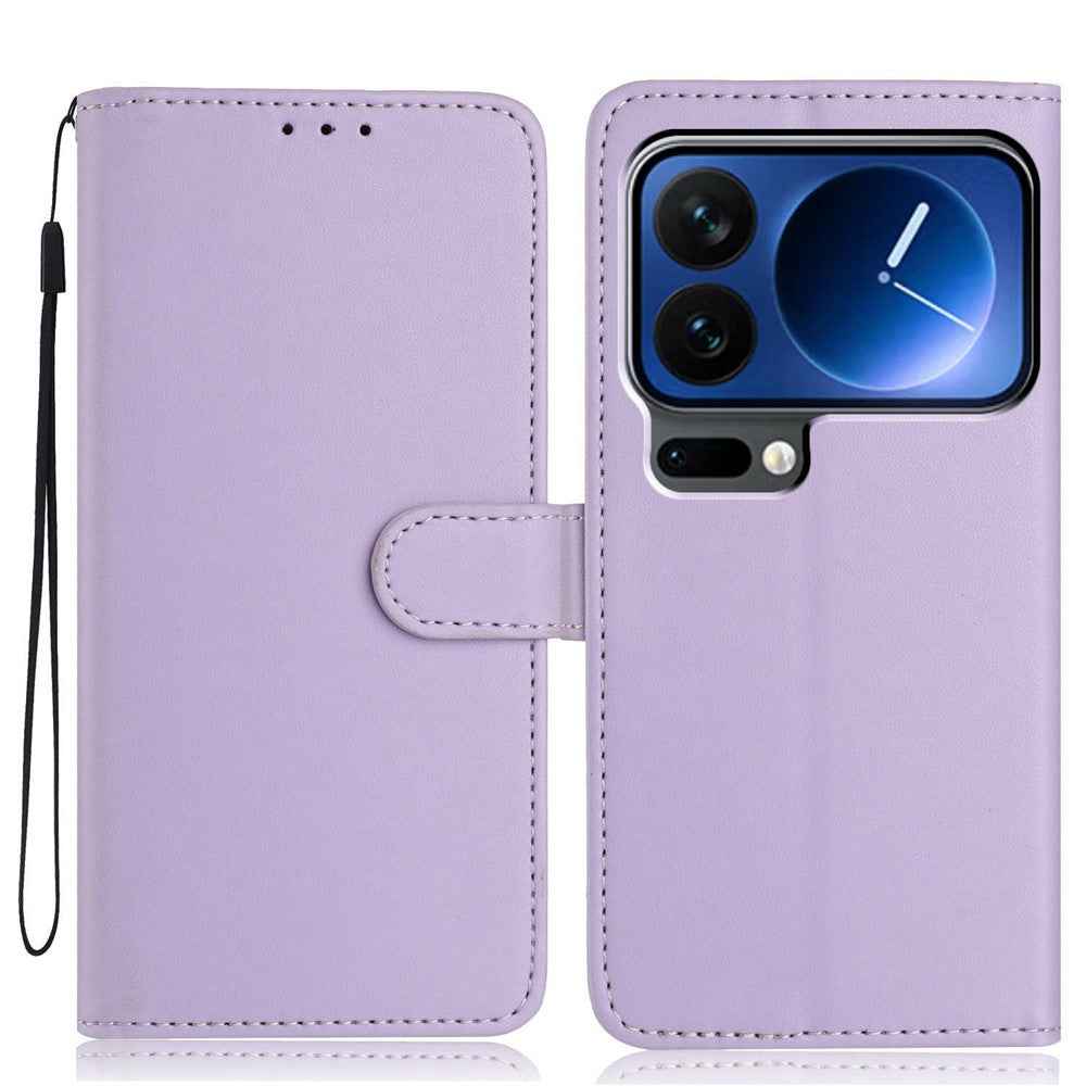 For Xiaomi 17 Pro Wallet Case with Strap  /  Multiple Card Slots Solid Color Leather Stand Phone Cover - Purple
