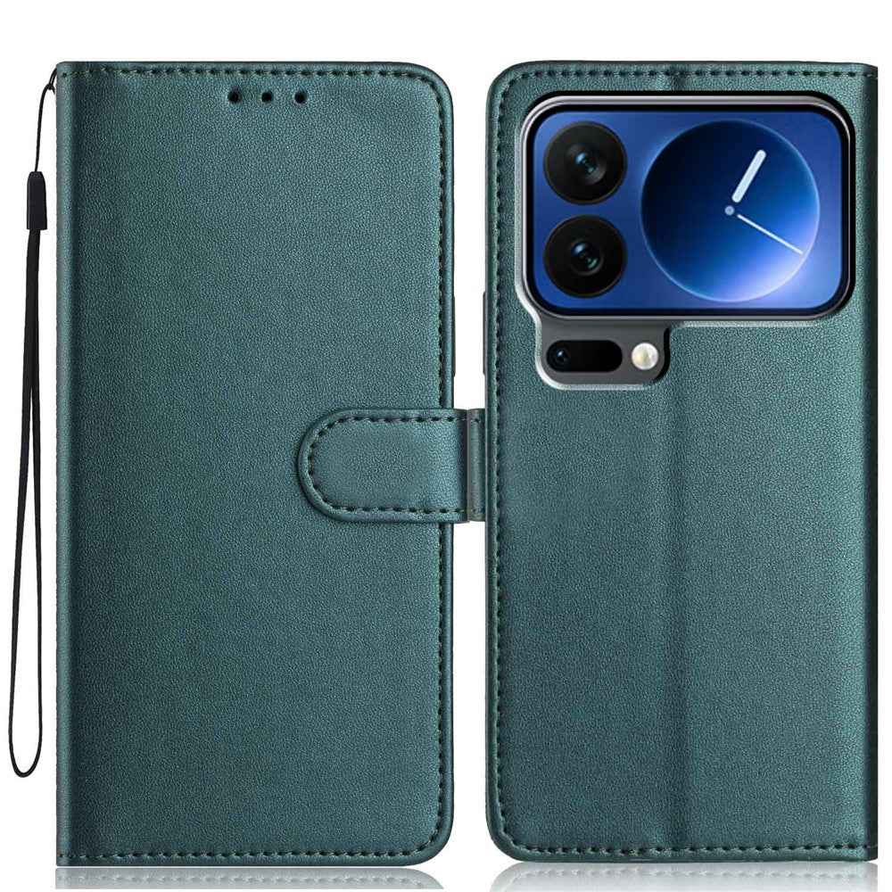 For Xiaomi 17 Pro Wallet Case with Strap  /  Multiple Card Slots Solid Color Leather Stand Phone Cover - Blackish Green
