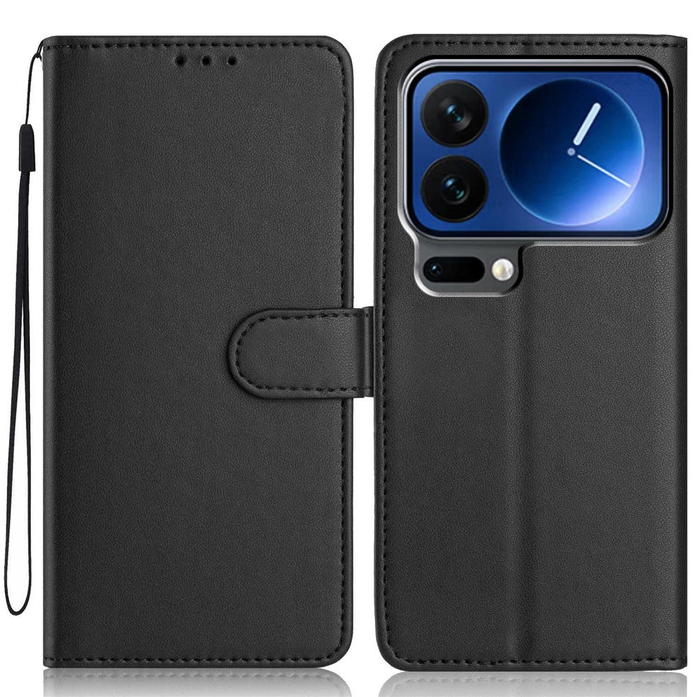 For Xiaomi 17 Pro Max Wallet Case with Strap  /  Multiple Card Slots Solid Color Leather Stand Phone Cover - Black