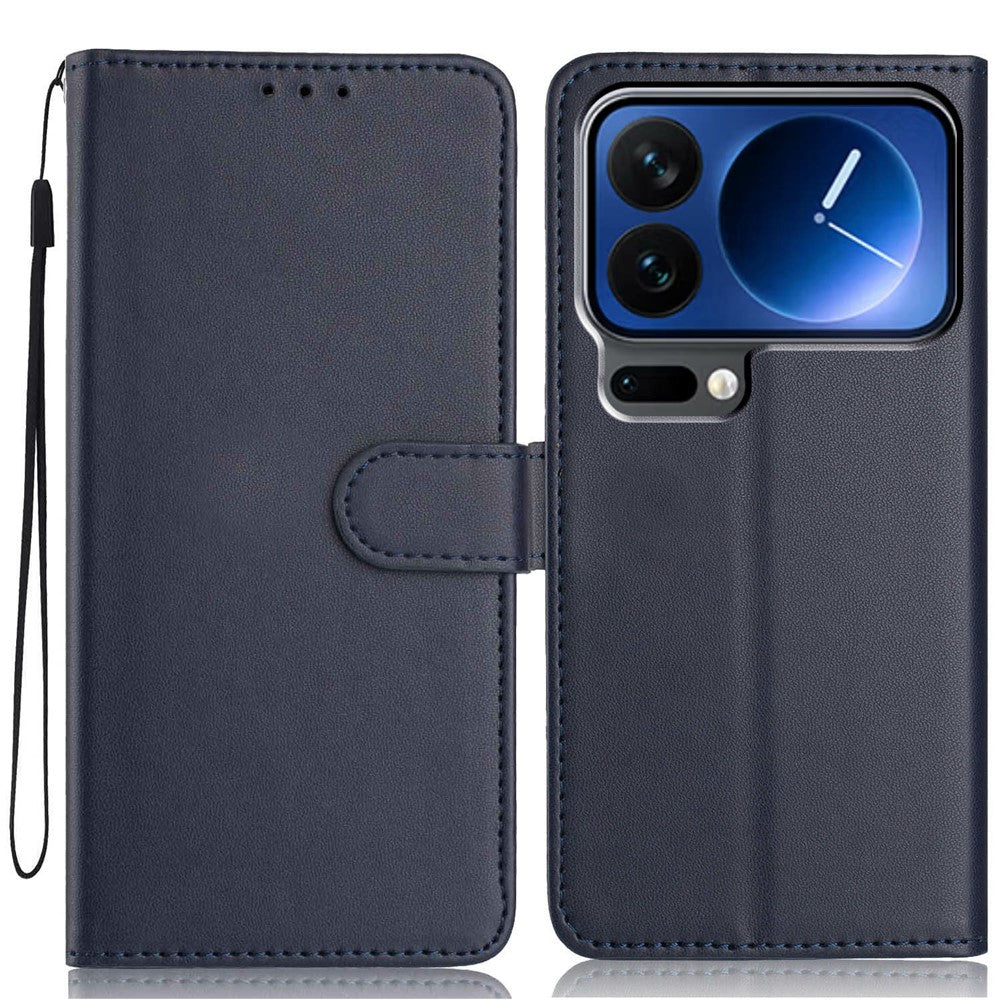 For Xiaomi 17 Pro Max Wallet Case with Strap  /  Multiple Card Slots Solid Color Leather Stand Phone Cover - Blue